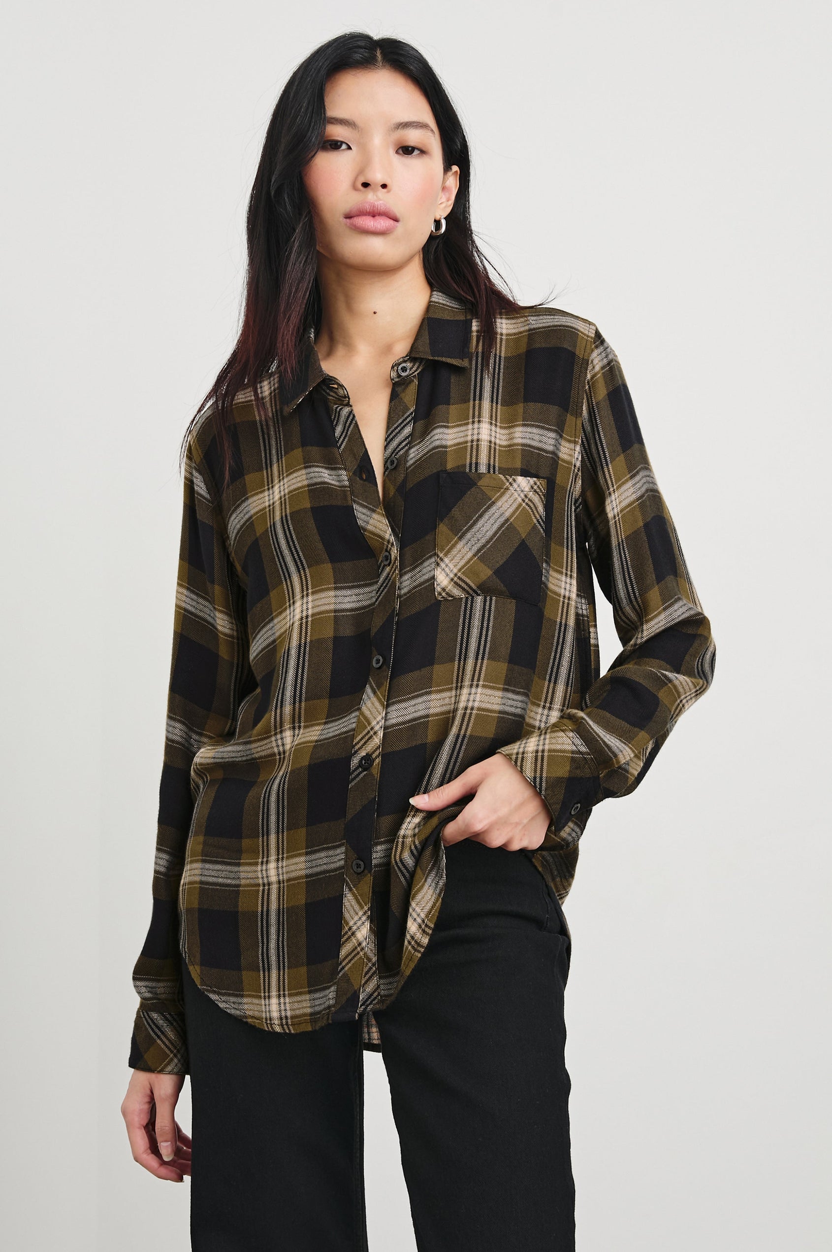 Hunter Long-Sleeve Button Up with a Chest Patch Pocket in Black Caramel Lurex Colorway, plaid  - Front View Featured on Model
