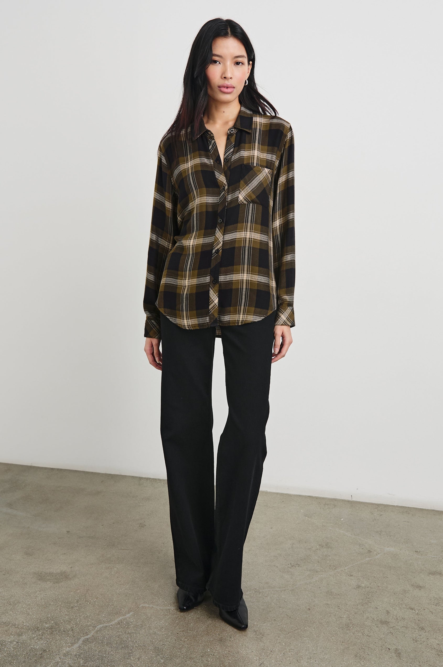 Hunter Long-Sleeve Button Up with a Chest Patch Pocket in Black Caramel Lurex Colorway, plaid  - Front Full Body View Featured on Model