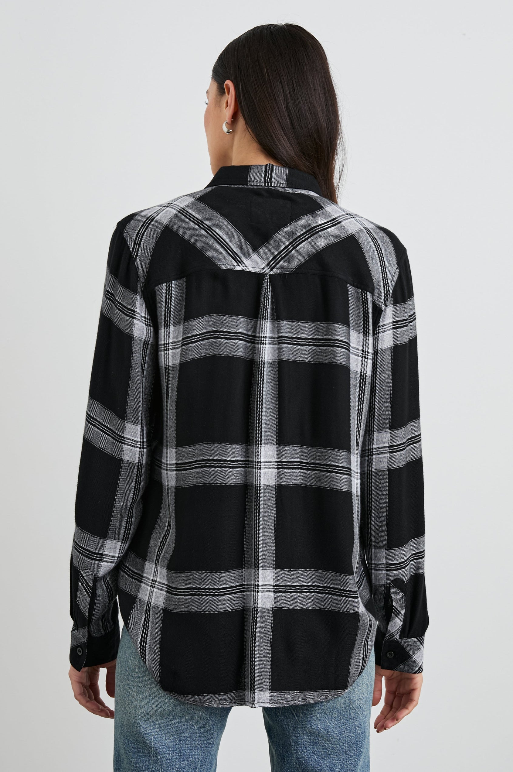 Hunter Long-Sleeve Button Up with a Chest Patch Pocket in Black Cinder Colorway, Black White and Greys Plaid - Back View Featured on Model