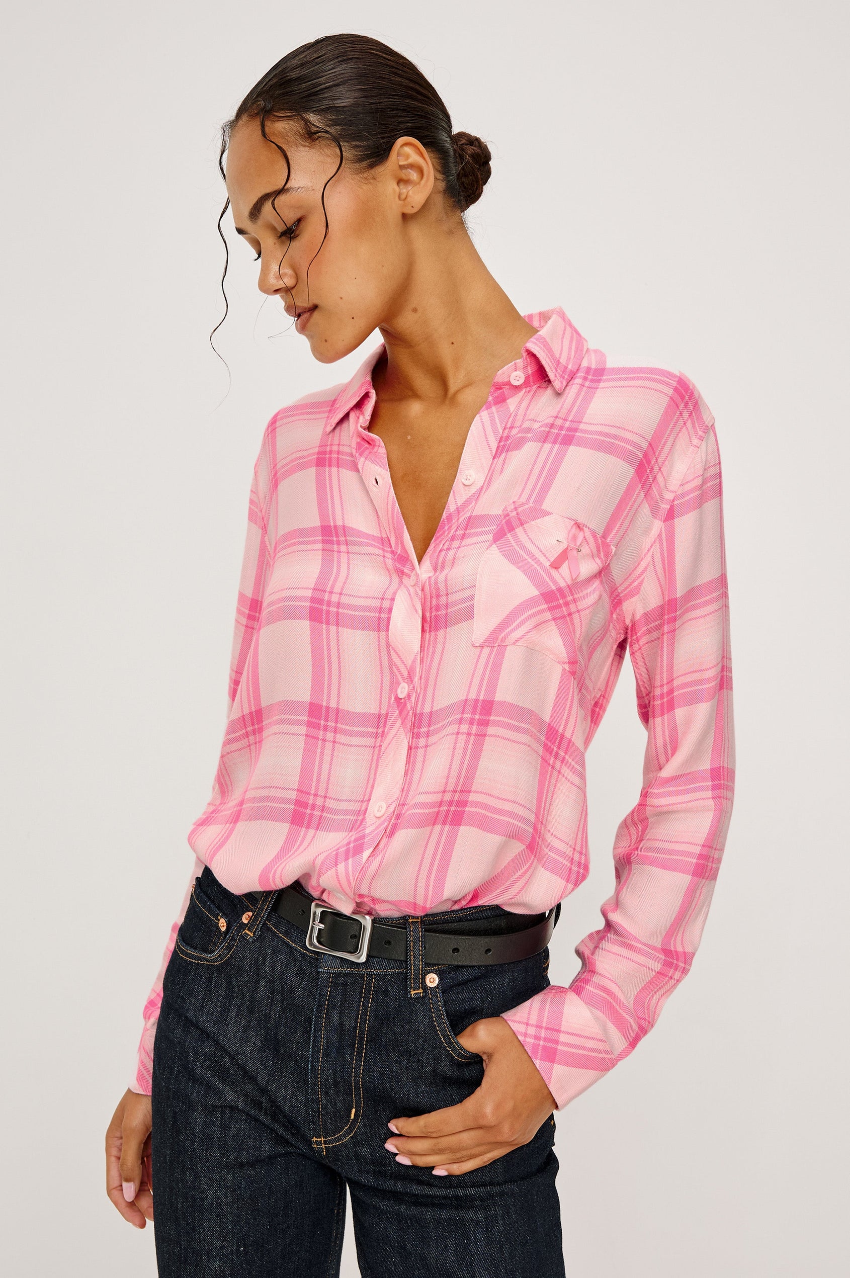 Hunter Long-Sleeve Button Up with a Chest Patch Pocket with pink ribbon in Brave Pink Colorway, Pink and White plaid - Front Tucked View Featured on Model