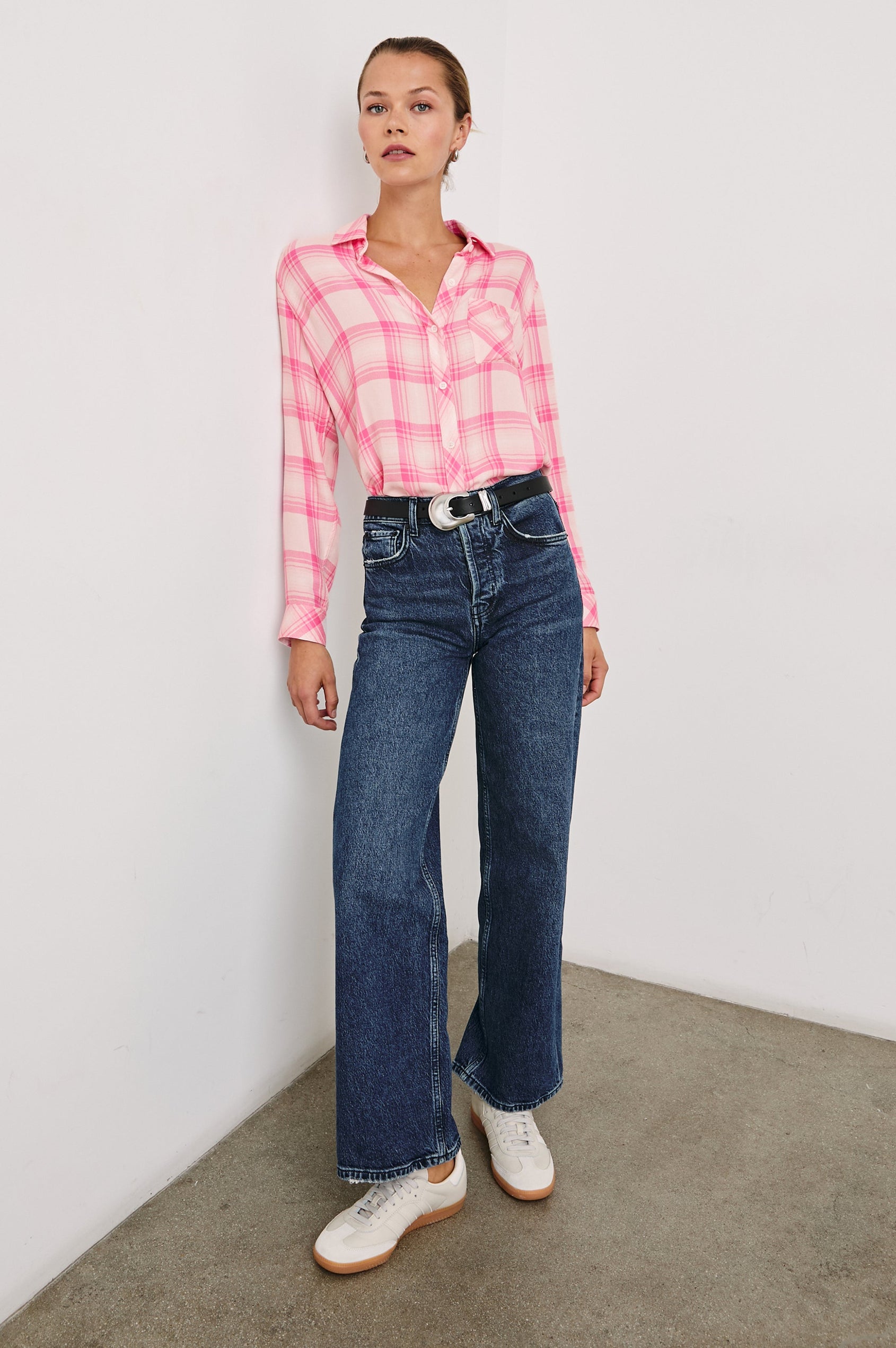 Hunter Long-Sleeve Button Up with a Chest Patch Pocket with pink ribbon in Brave Pink Colorway, Pink and White plaid - Front Tucked Full Body View Featured on Model