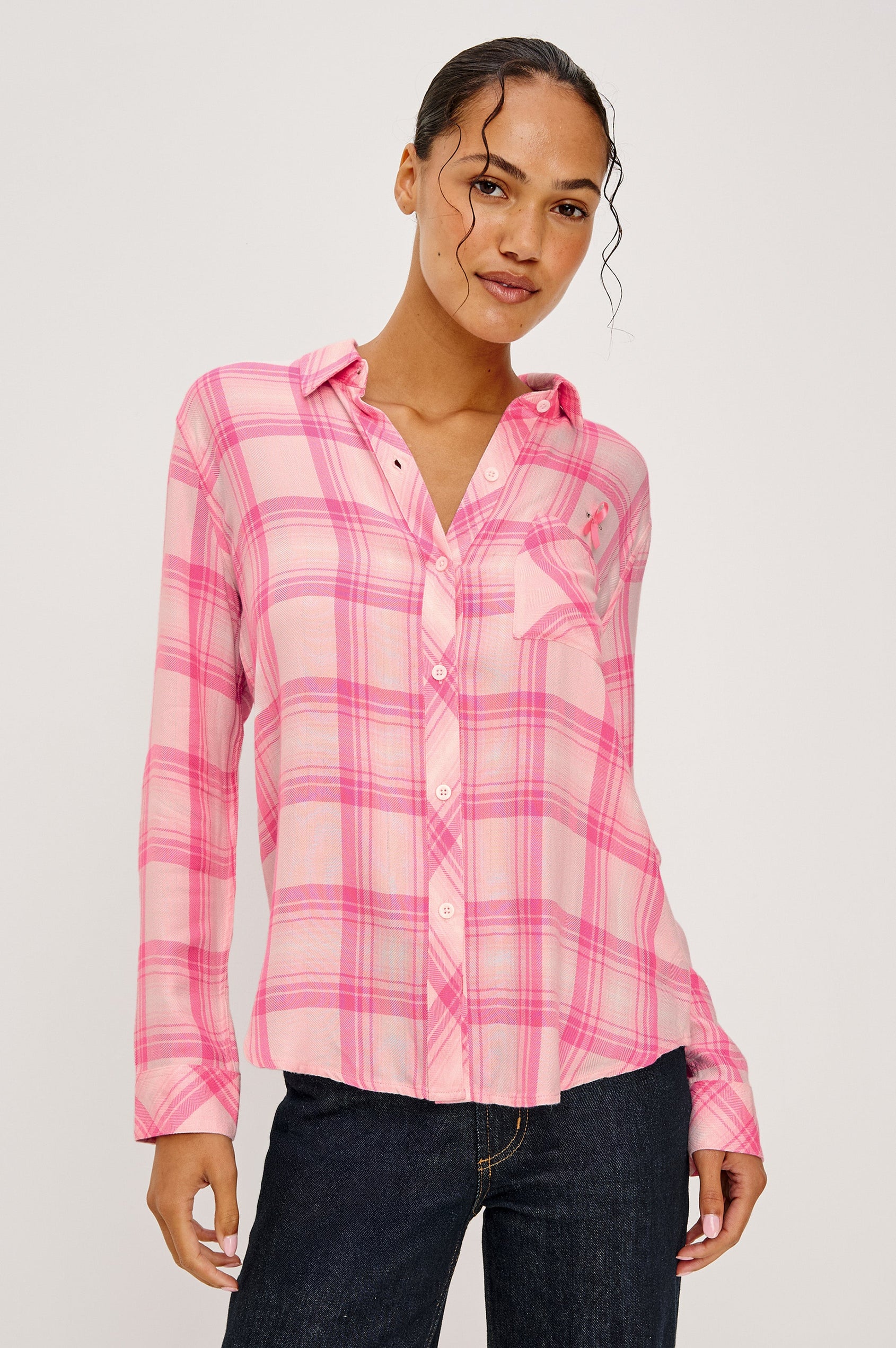 Hunter Long-Sleeve Button Up with a Chest Patch Pocket with pink ribbon in Brave Pink Colorway, Pink and White plaid - Front Untucked View Featured on Model