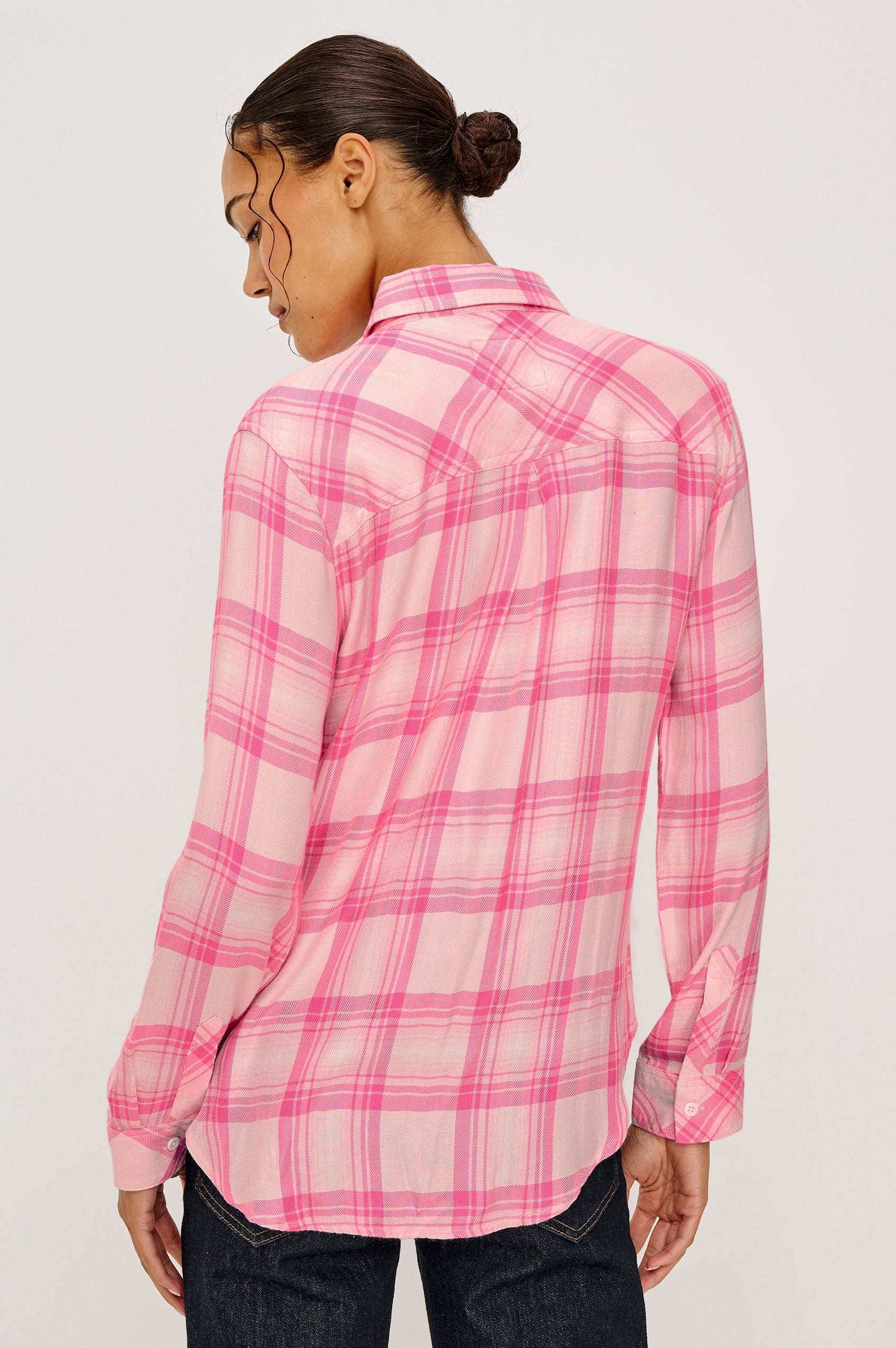 Hunter Long-Sleeve Button Up with a Chest Patch Pocket with pink ribbon in Brave Pink Colorway, Pink and White plaid - Back View Featured on Model