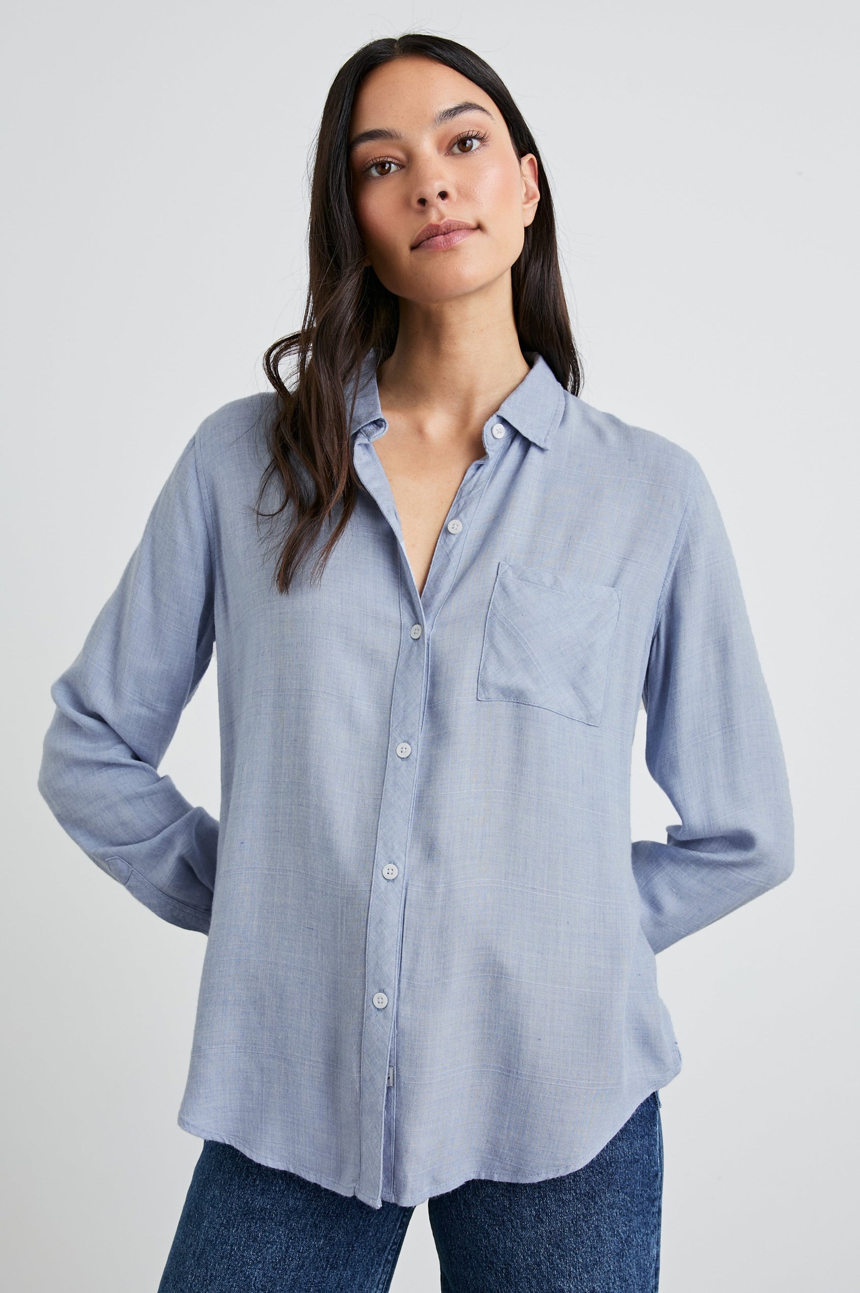 Hunter Long-Sleeve Button Up with a Chest Patch Pocket in Chambray Heather Colorway - Front View Featured on Model