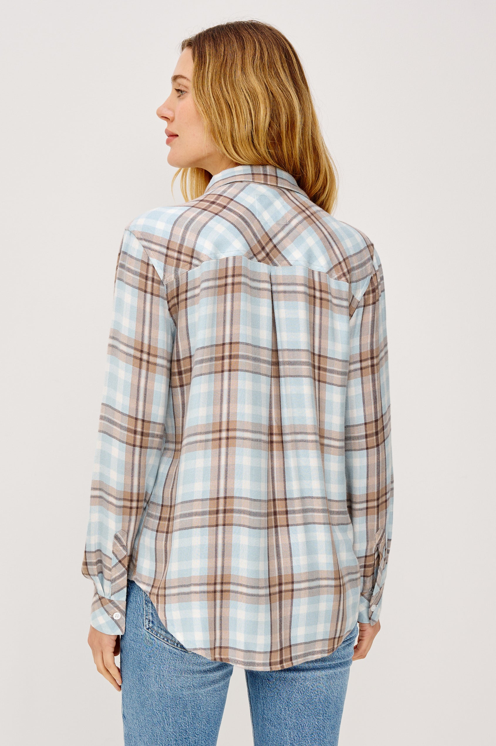Hunter Button-Up Shirt in Signature Rayon With Collar, Front Buttons, Chest Patch Pocket, and Long Sleeves in Chambray Ivory Dune Colorway - Upper Body Back View Featured on Model