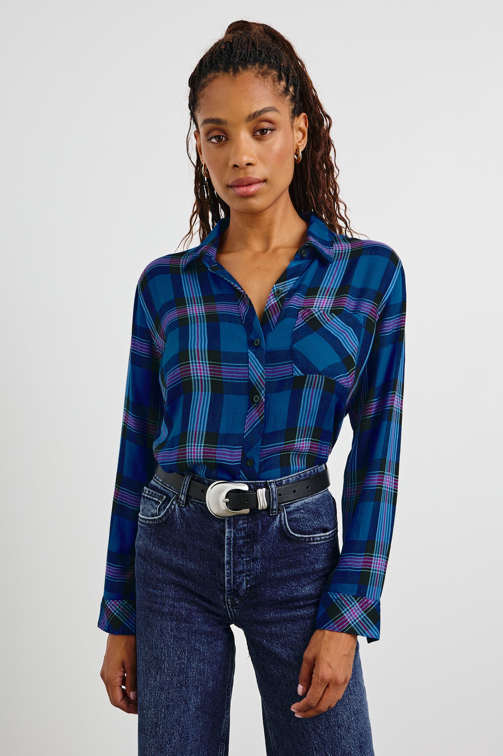 Hunter Long-Sleeve Button Up with a Chest Patch Pocket in Cobalt Magenta Colorway, plaid - Front Tucked View Featured on Model