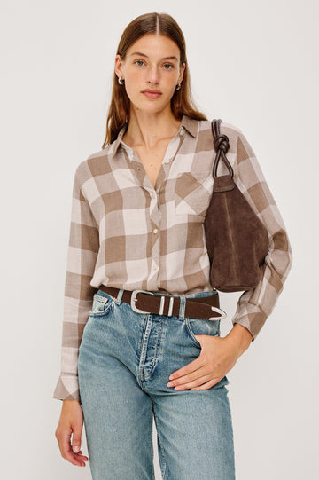 Hunter Long-Sleeve Button Up with a Chest Patch Pocket in Dove Brown Colorway, plaid - Front View Featured on Model holding purse