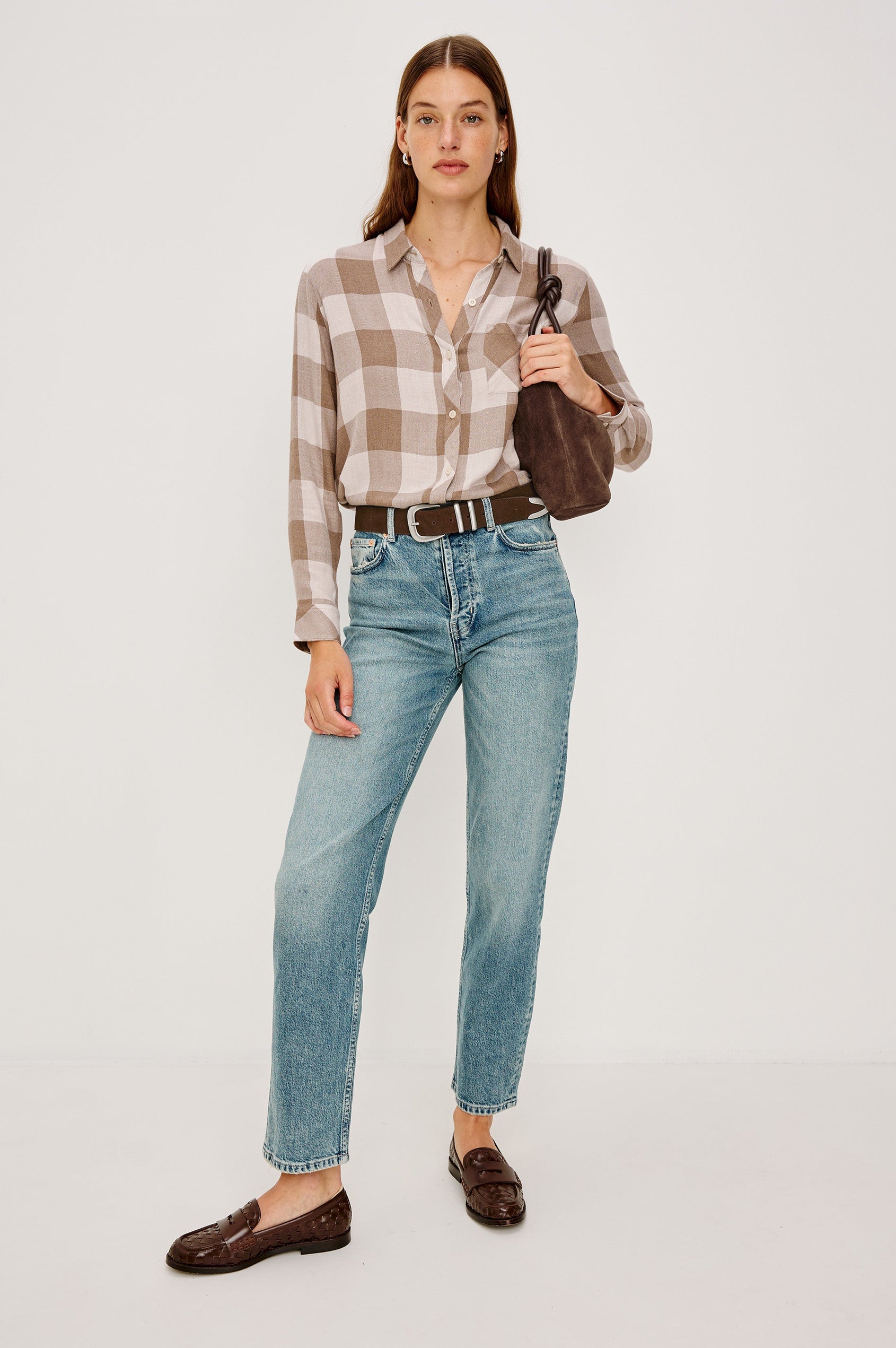 Hunter Long-Sleeve Button Up with a Chest Patch Pocket in Dove Brown Colorway, plaid - Front View Featured on Model, holding purse