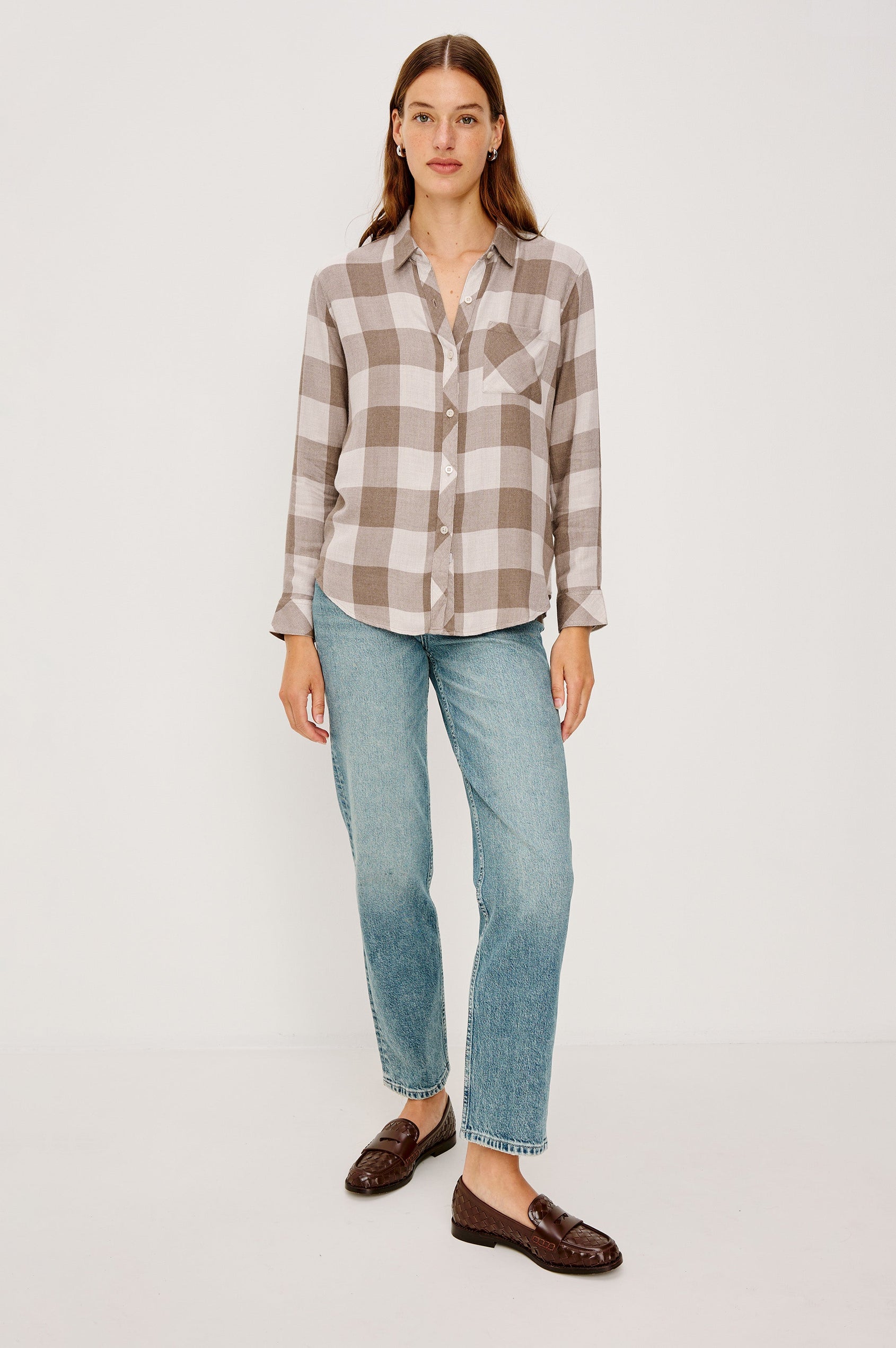 Hunter Long-Sleeve Button Up with a Chest Patch Pocket in Dove Brown Colorway, plaid - Full Body Front View Featured on Model