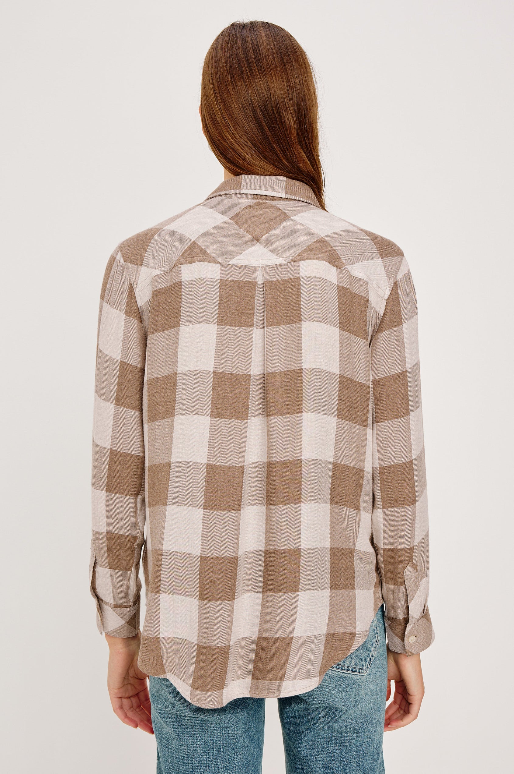 Hunter Long-Sleeve Button Up with a Chest Patch Pocket in Dove Brown Colorway, plaid - Back View Featured on Model