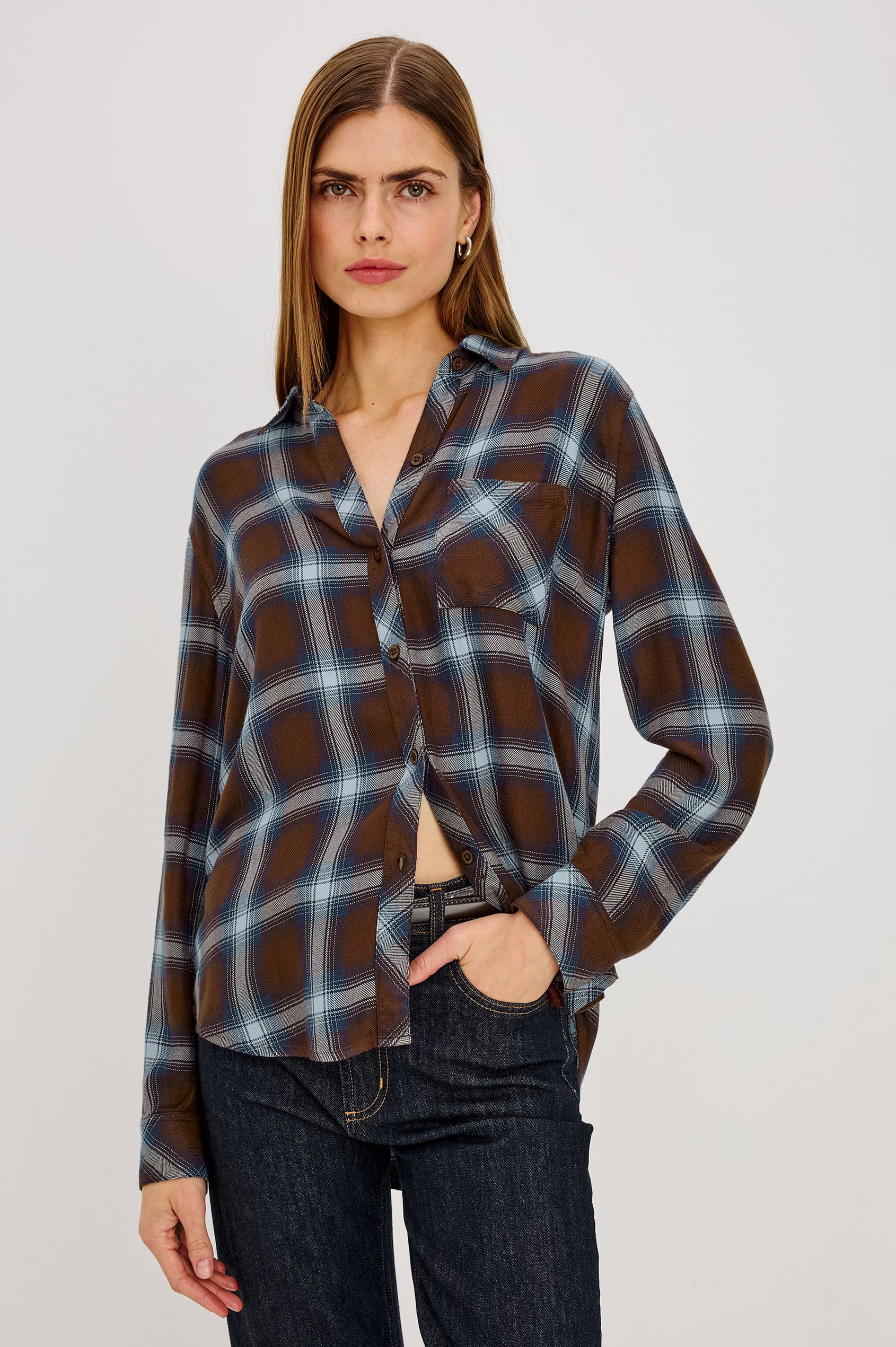 Hunter Button-Up Plaid Shirt in Signature Soft Rayon With Loose Twill Weave, With Collar and Long Sleeves in Espresso Indigo Colorway - Upper Body Front View Featured on Model