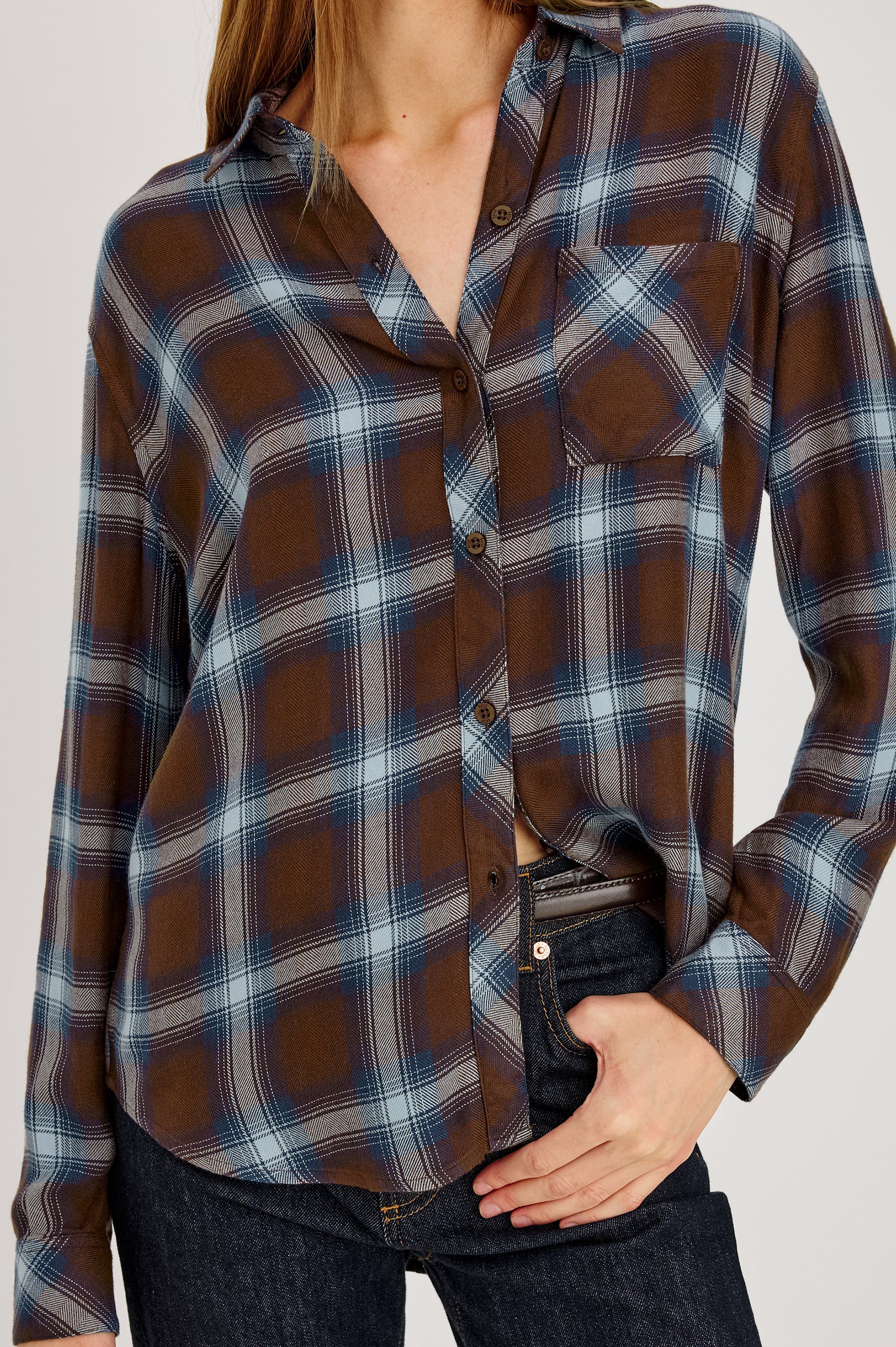 Hunter Button-Up Plaid Shirt in Signature Soft Rayon With Loose Twill Weave, With Collar and Long Sleeves in Espresso Indigo Colorway - Upper Body Front View Featured on Model