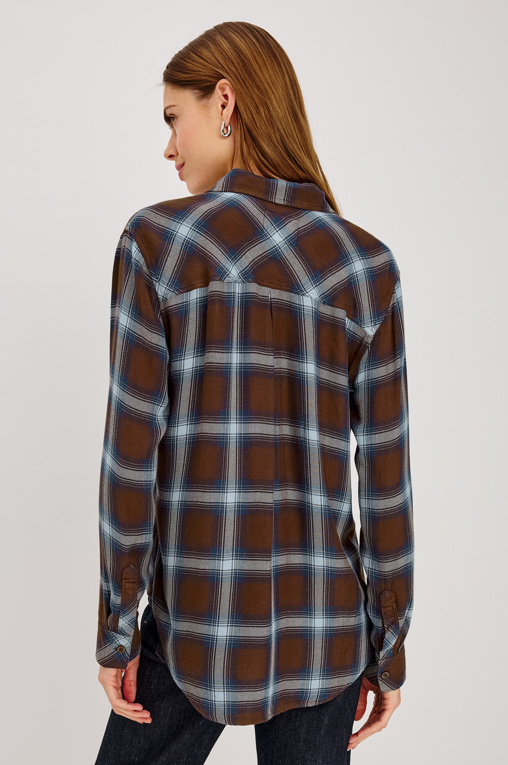 Hunter Button-Up Plaid Shirt in Signature Soft Rayon With Loose Twill Weave, With Collar and Long Sleeves in Espresso Indigo Colorway - Upper Body Back View Featured on Model