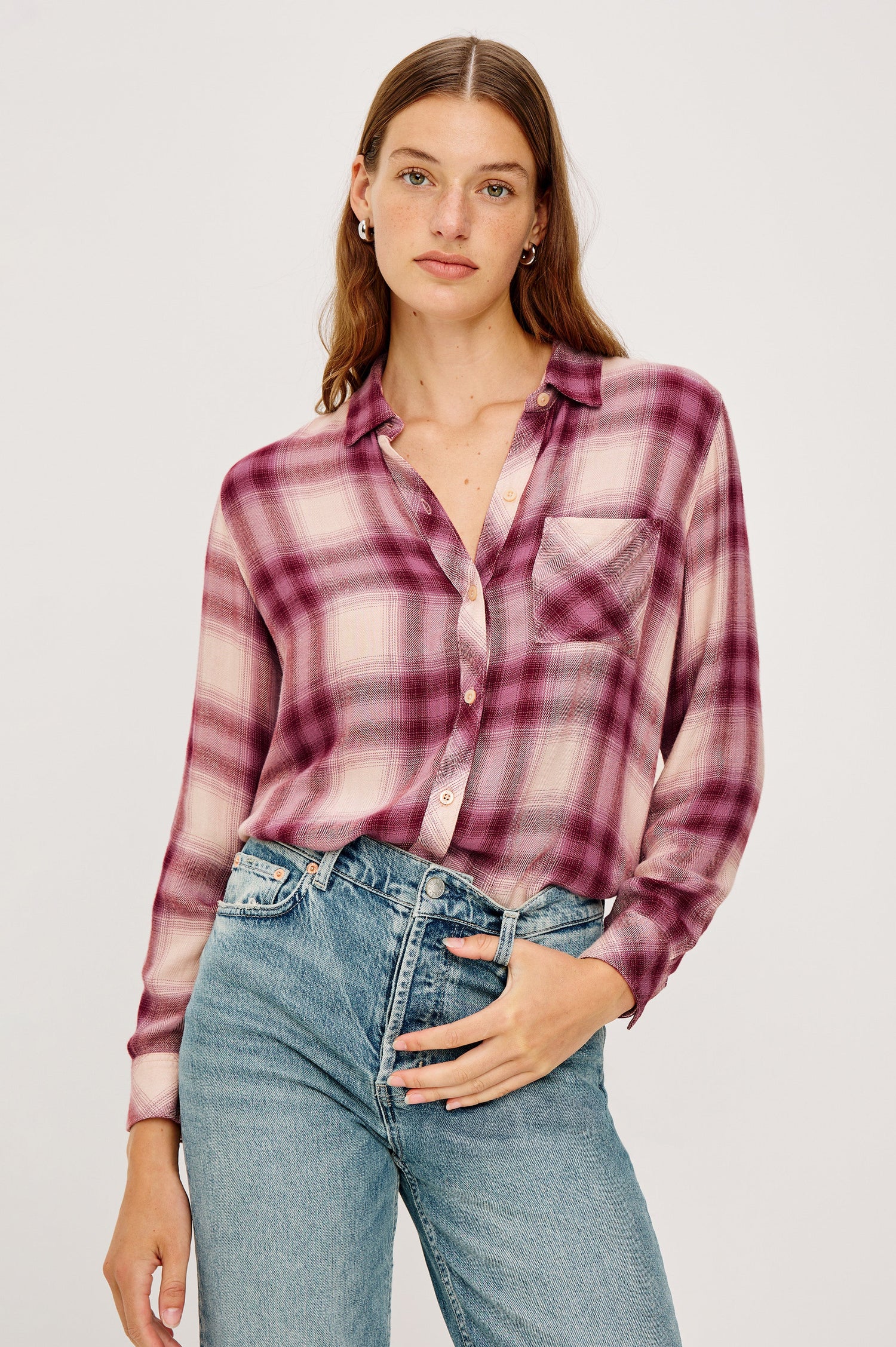 Hunter Long-Sleeve Button Up with a Chest Patch Pocket in Faded Plum Ivory Colorway, plaid  - Front View Featured on Model