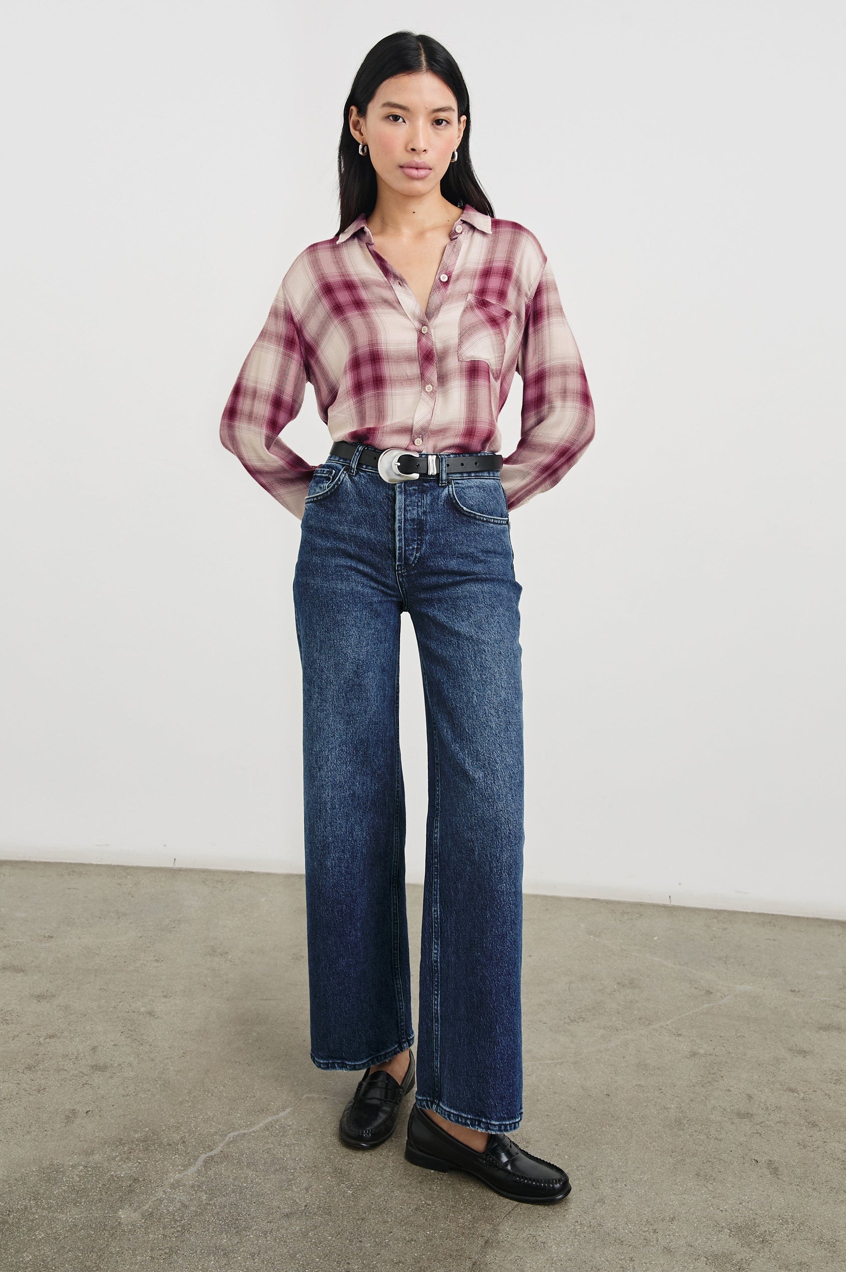 Hunter Long-Sleeve Button Up with a Chest Patch Pocket in Faded Plum Ivory Colorway, plaid  - Front Tucked Full Body View Featured on Model