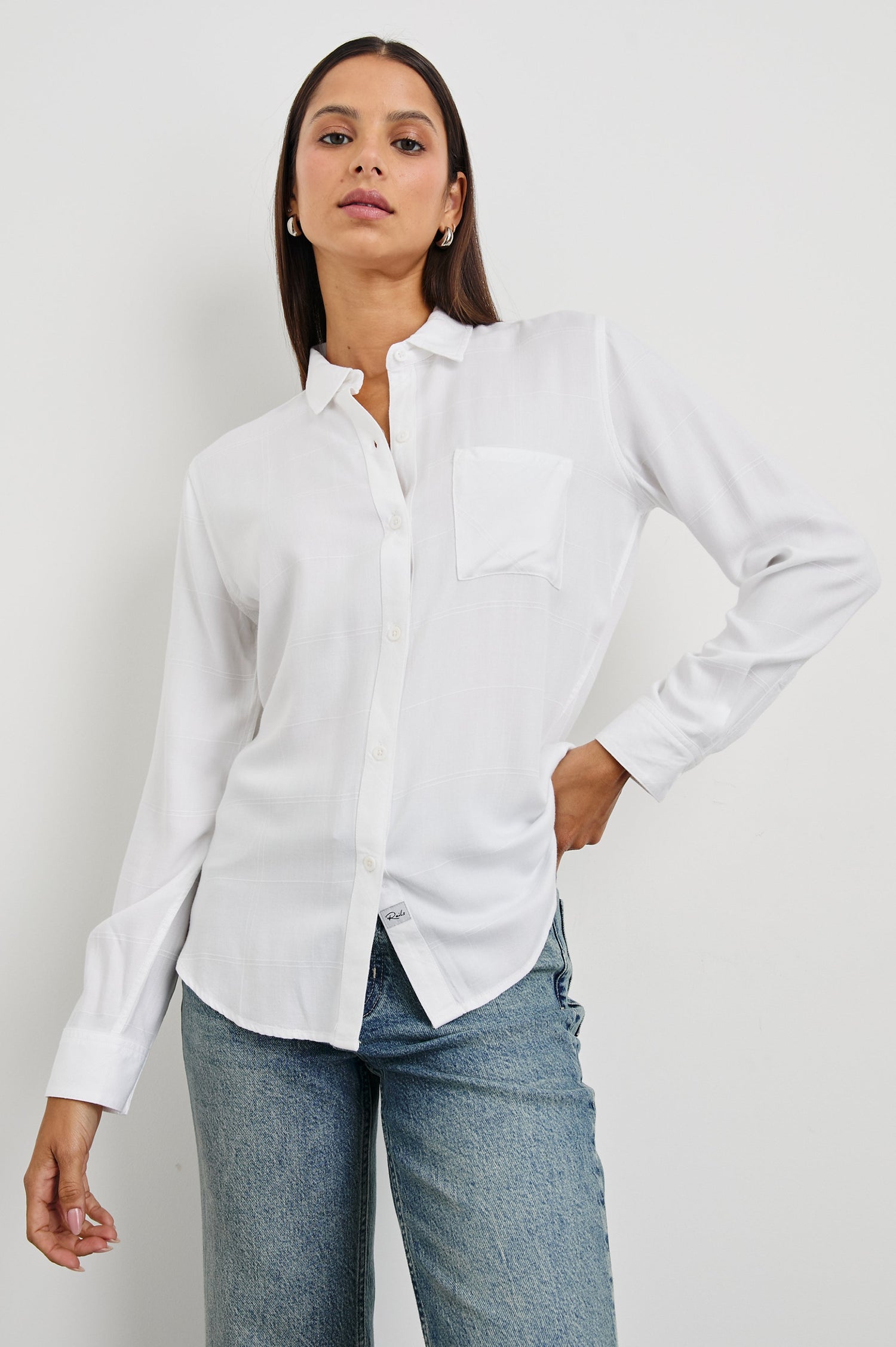 Hunter Long-Sleeve Button Up with a Chest Patch Pocket and Vertical and Horizontal Stitching in Ivory Check Colorway - Front View Featured on Model