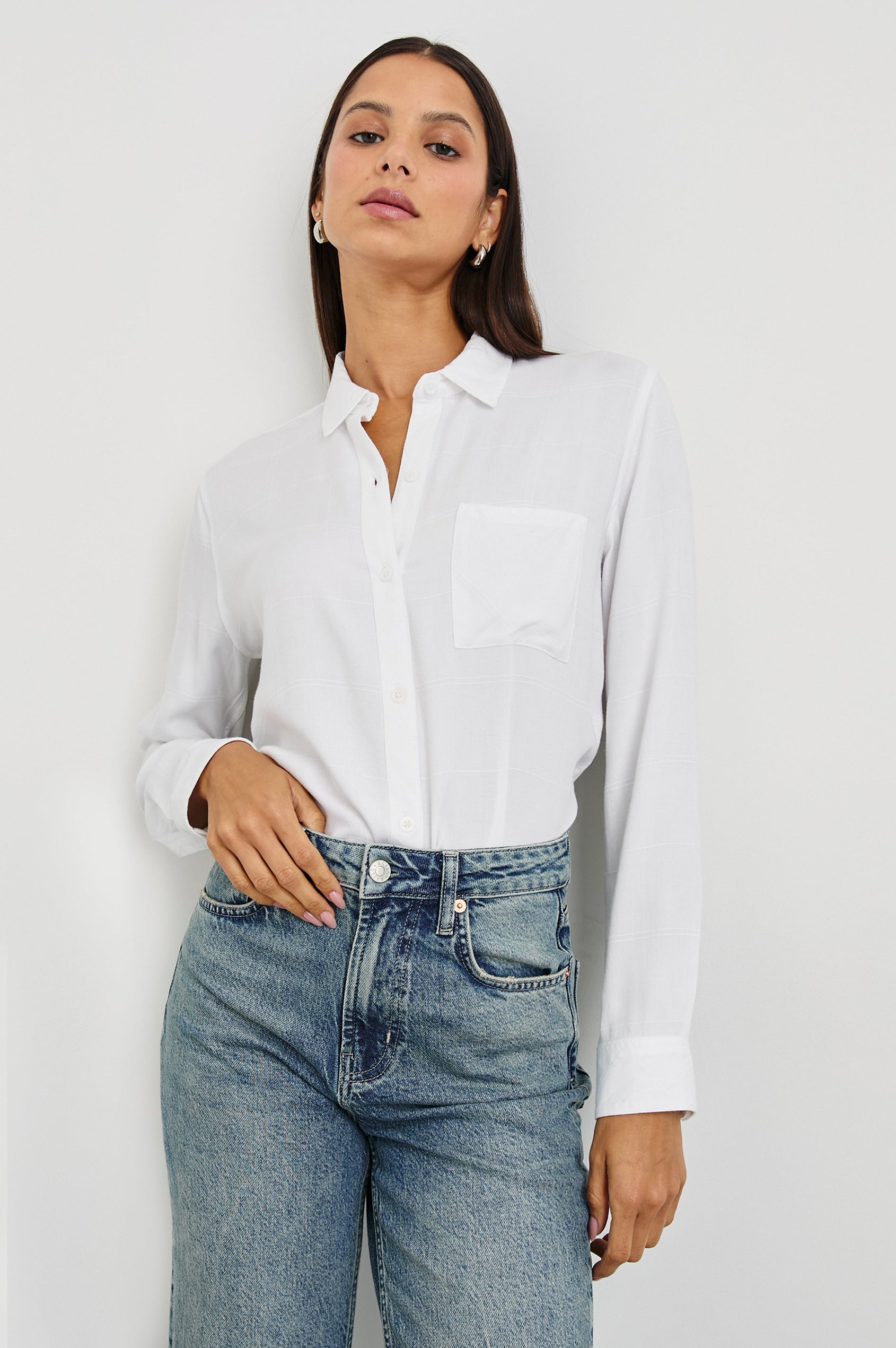 Hunter Long-Sleeve Button Up with a Chest Patch Pocket and Vertical and Horizontal Stitching in Ivory Check Colorway - Front Tucked View Featured on Model