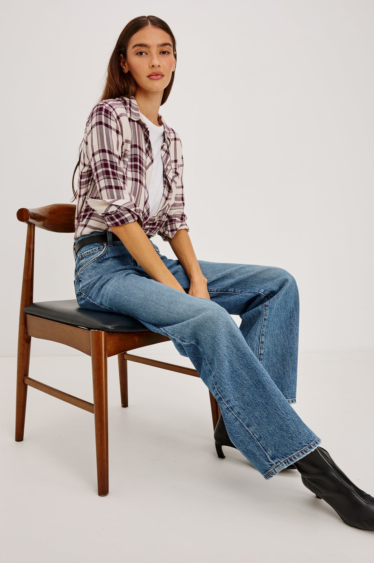Hunter Button-Up Plaid Shirt in Signature Soft Rayon With Loose Twill Weave, With Collar and Long Sleeves in Ivory Maroon Colorway - Upper Body Front View Featured on Model.