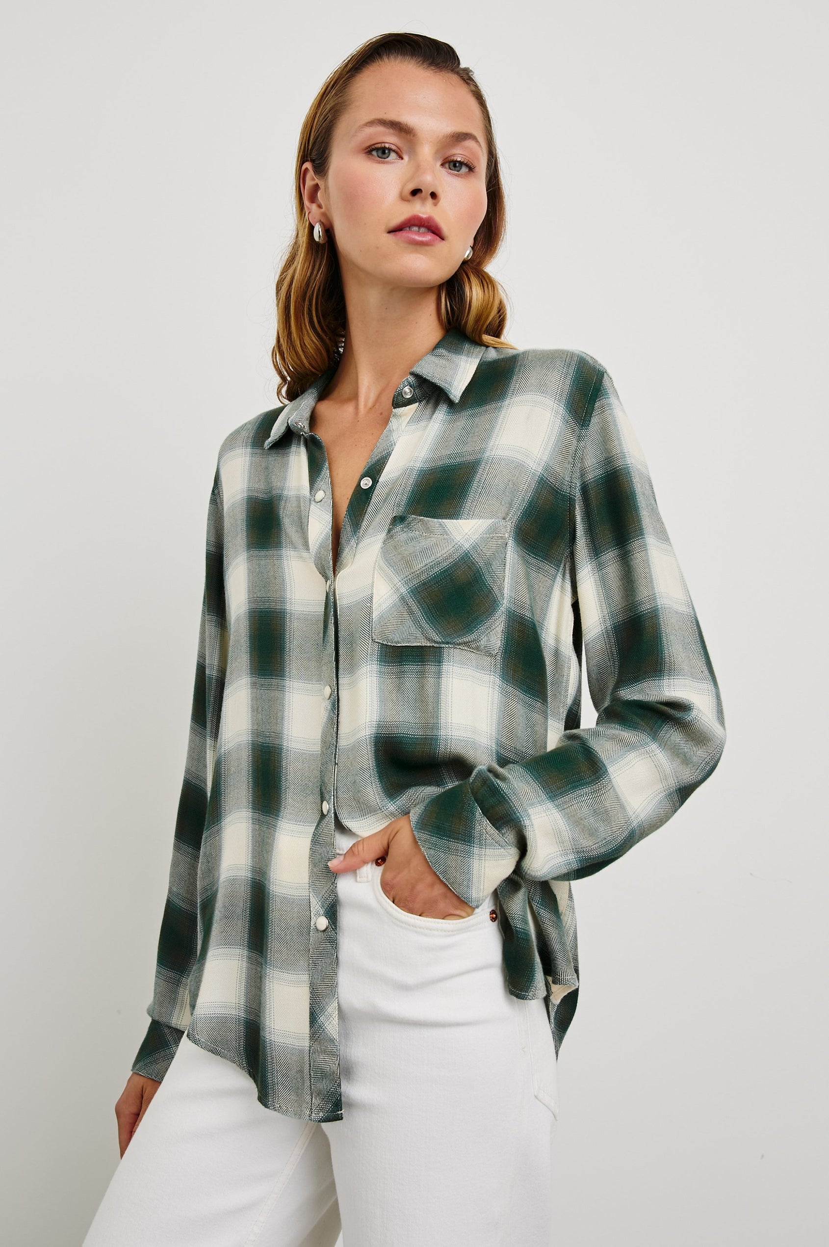 Hunter Long-Sleeve Button Up with a Chest Patch Pocket in Ivory Olive Teal Colorway, a Plaid - Front View Featured on Model