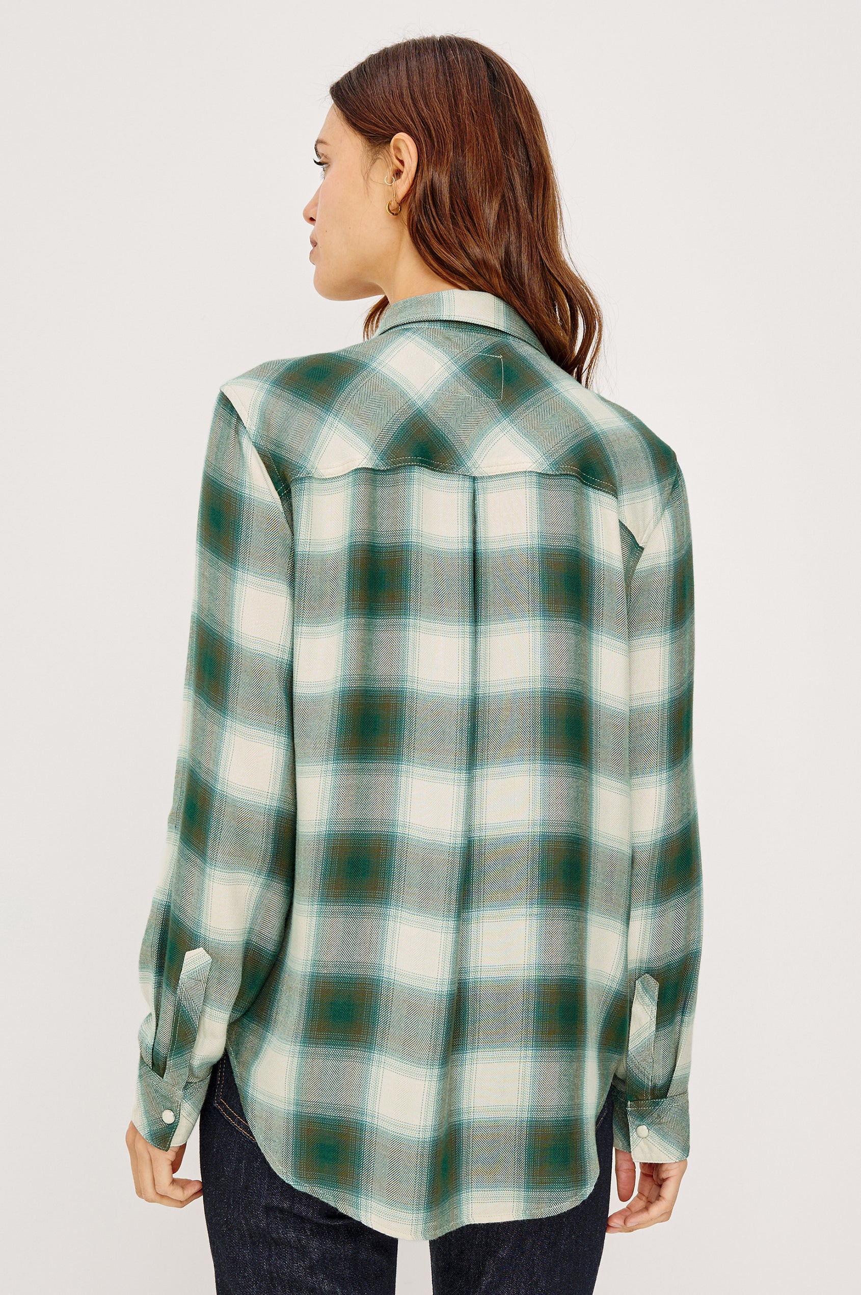 Hunter Button-Up Shirt in Signature Rayon With Collar, Front Buttons, Chest Patch Pocket, and Long Sleeves in Ivory Olive Teal Plaid Colorway - Upper Body Back View Featured on Model