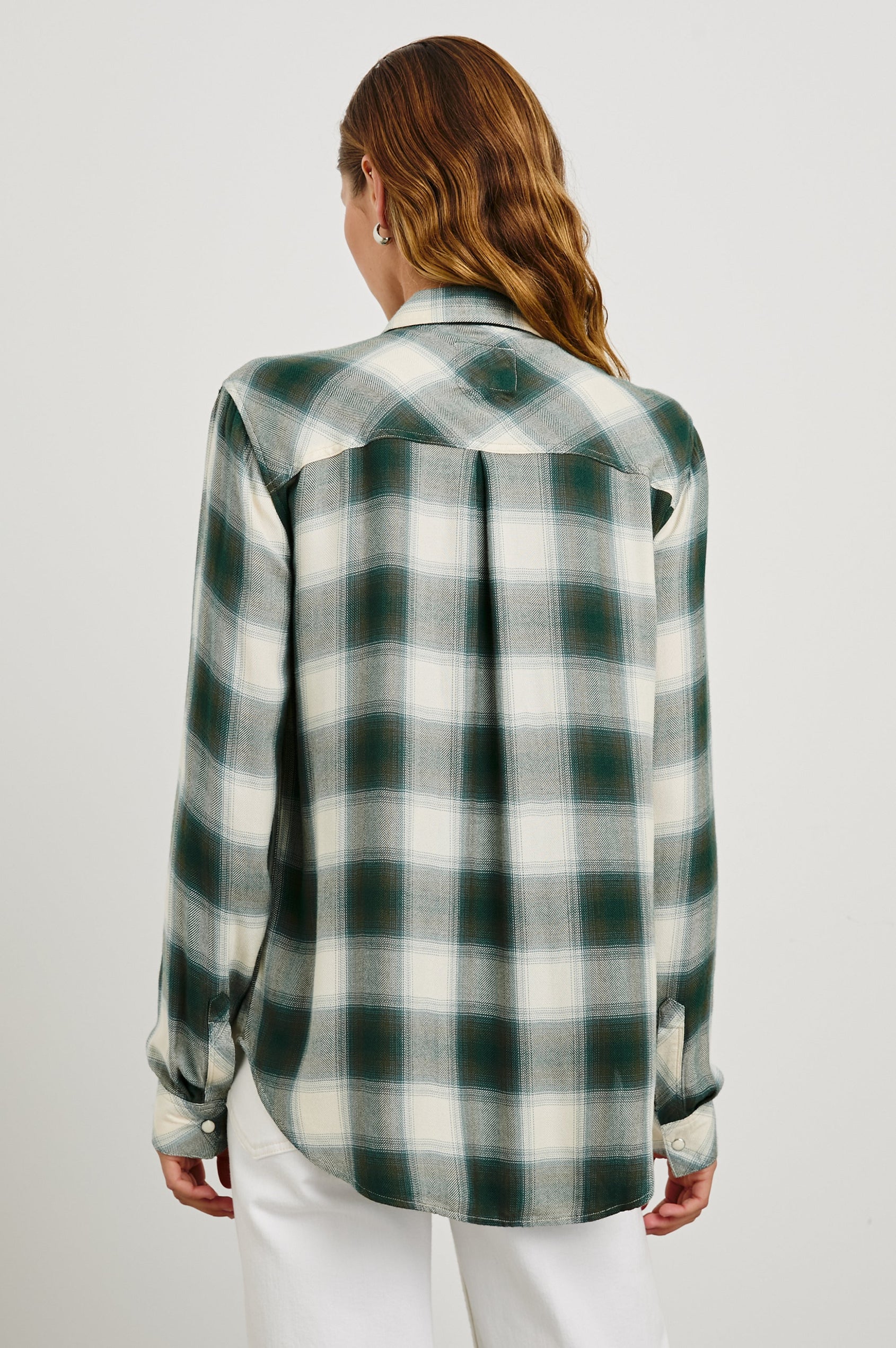 Hunter Long-Sleeve Button Up with a Chest Patch Pocket in Ivory Olive Teal Colorway, a Plaid - Back View Featured on Model