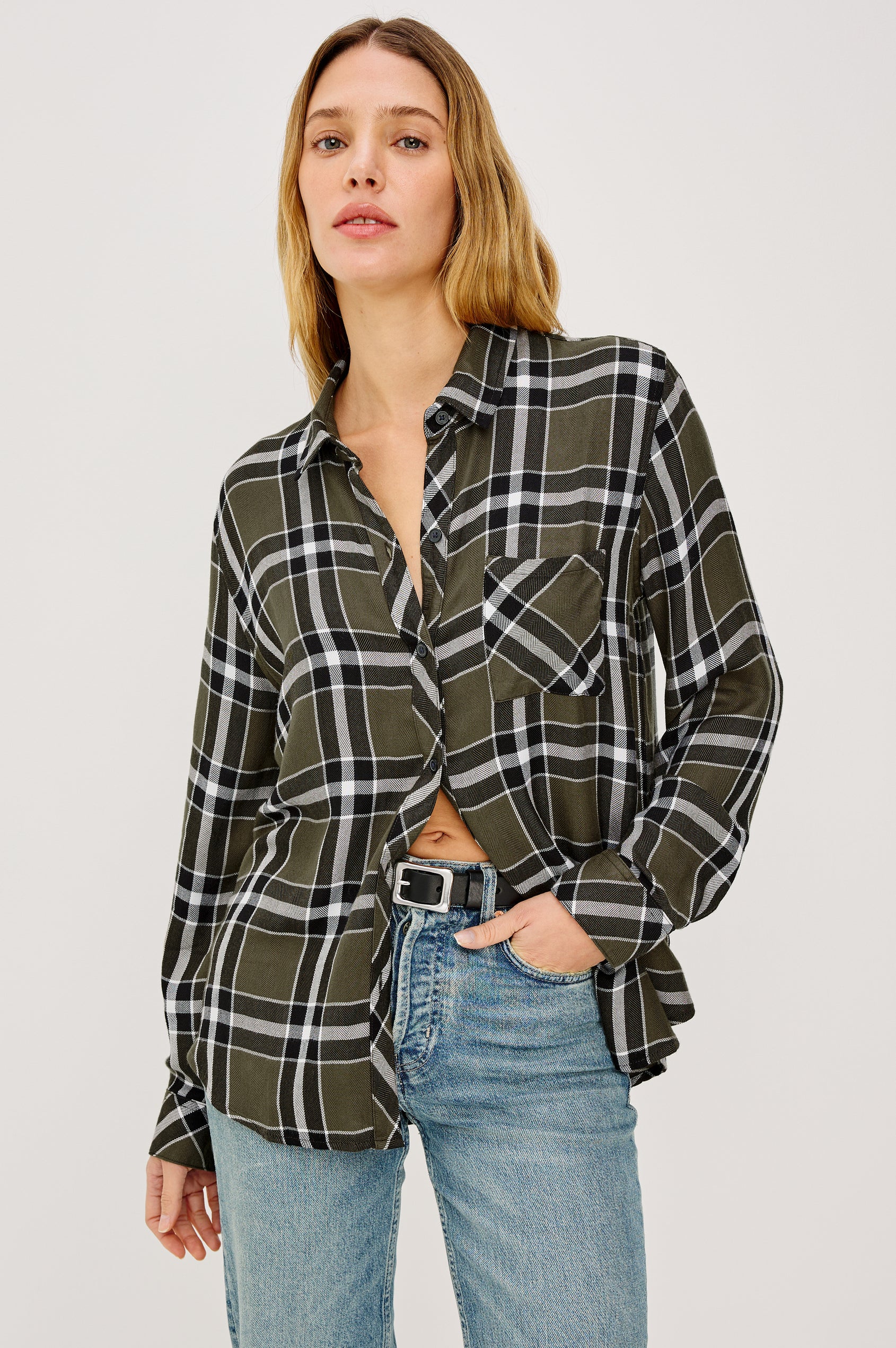 Hunter Long-Sleeve Button Up with a Chest Patch Pocket in Kalamata Olive Colorway, plaid - Front View Featured on Model