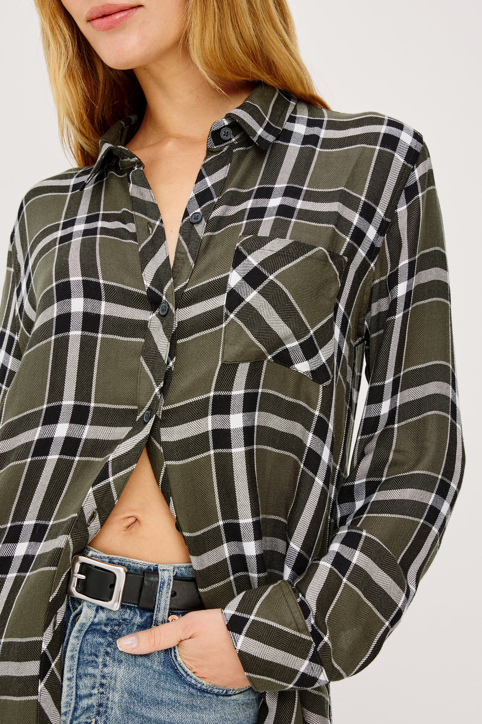 Hunter Long-Sleeve Button Up with a Chest Patch Pocket in Kalamata Olive Colorway, plaid - Front View Featured on Model