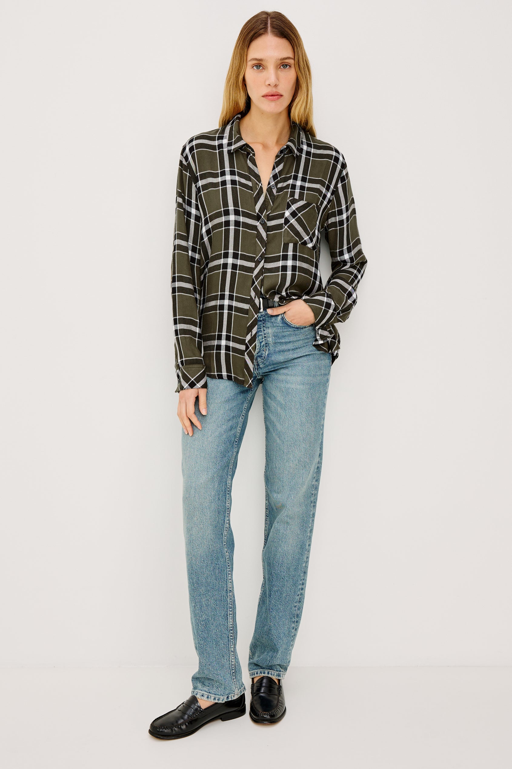 Hunter Long-Sleeve Button Up with a Chest Patch Pocket in Kalamata Olive Colorway, plaid - Front View Featured on Model