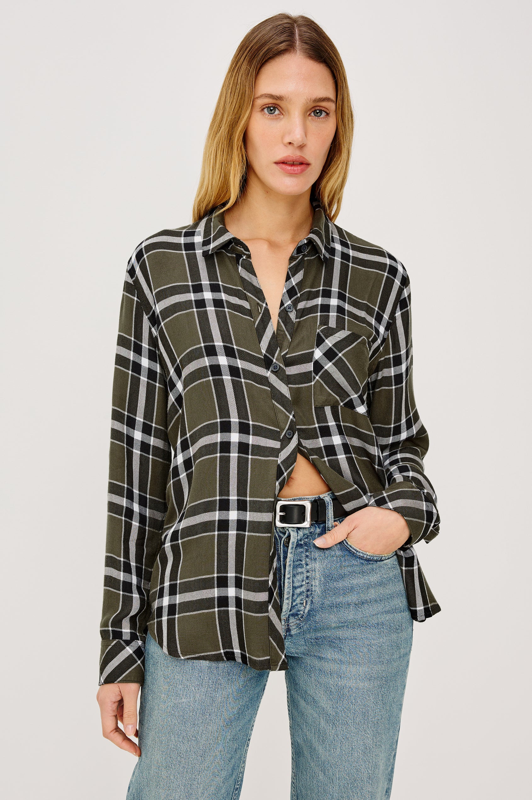 Hunter Long-Sleeve Button Up with a Chest Patch Pocket in Kalamata Olive Colorway, plaid - Front View Featured on Model