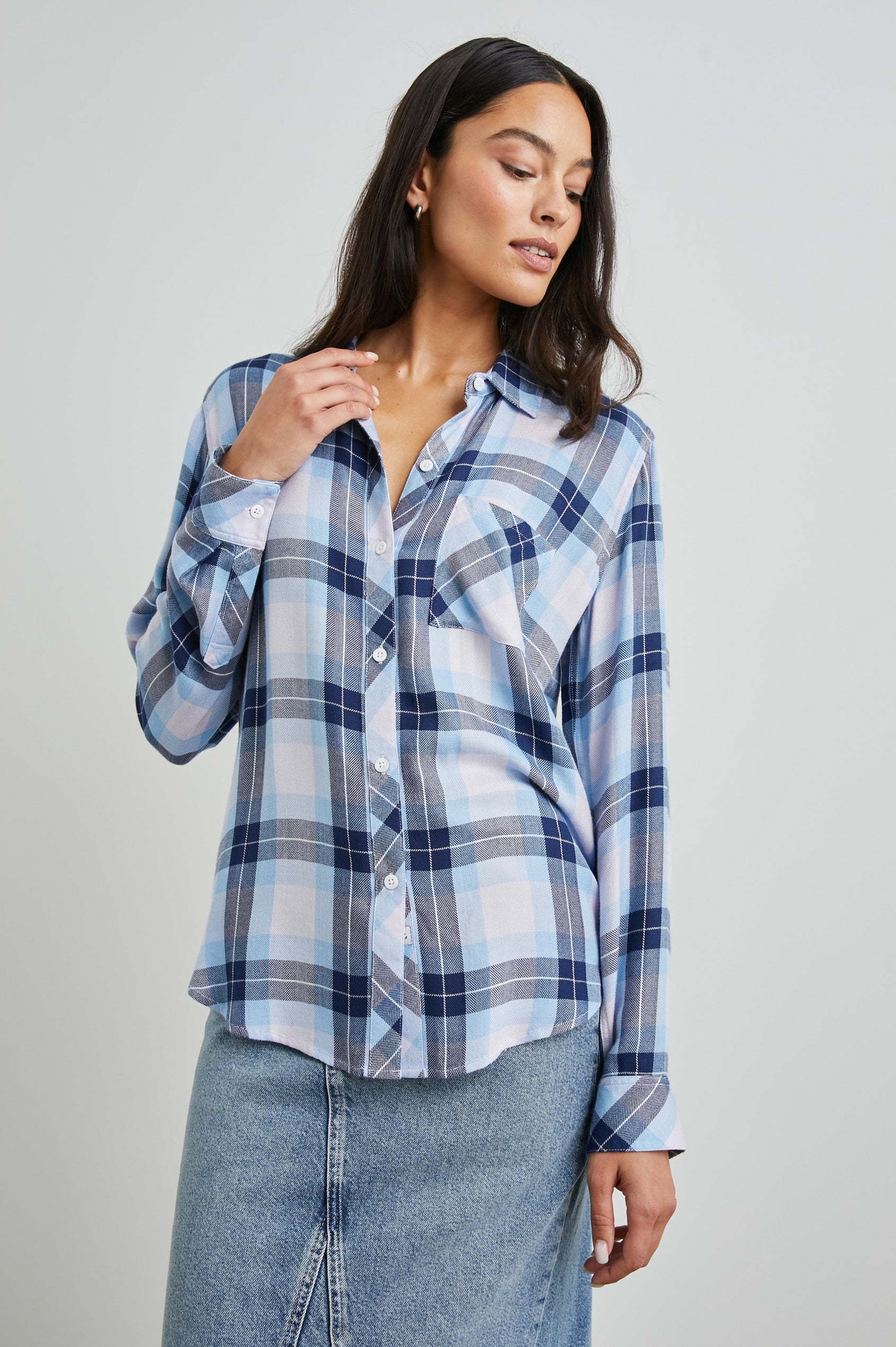 Hunter Long-Sleeve Button Up with a Chest Patch Pocket in Lilac Crystal Navy Colorway, plaid - Front View Featured on Model