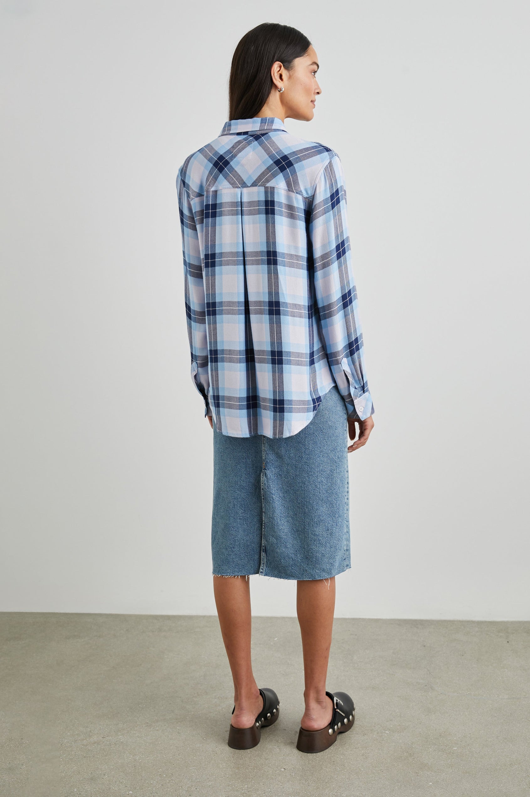 Hunter Long-Sleeve Button Up with a Chest Patch Pocket in Lilac Crystal Navy Colorway, plaid - Back Tucked View Featured on Model