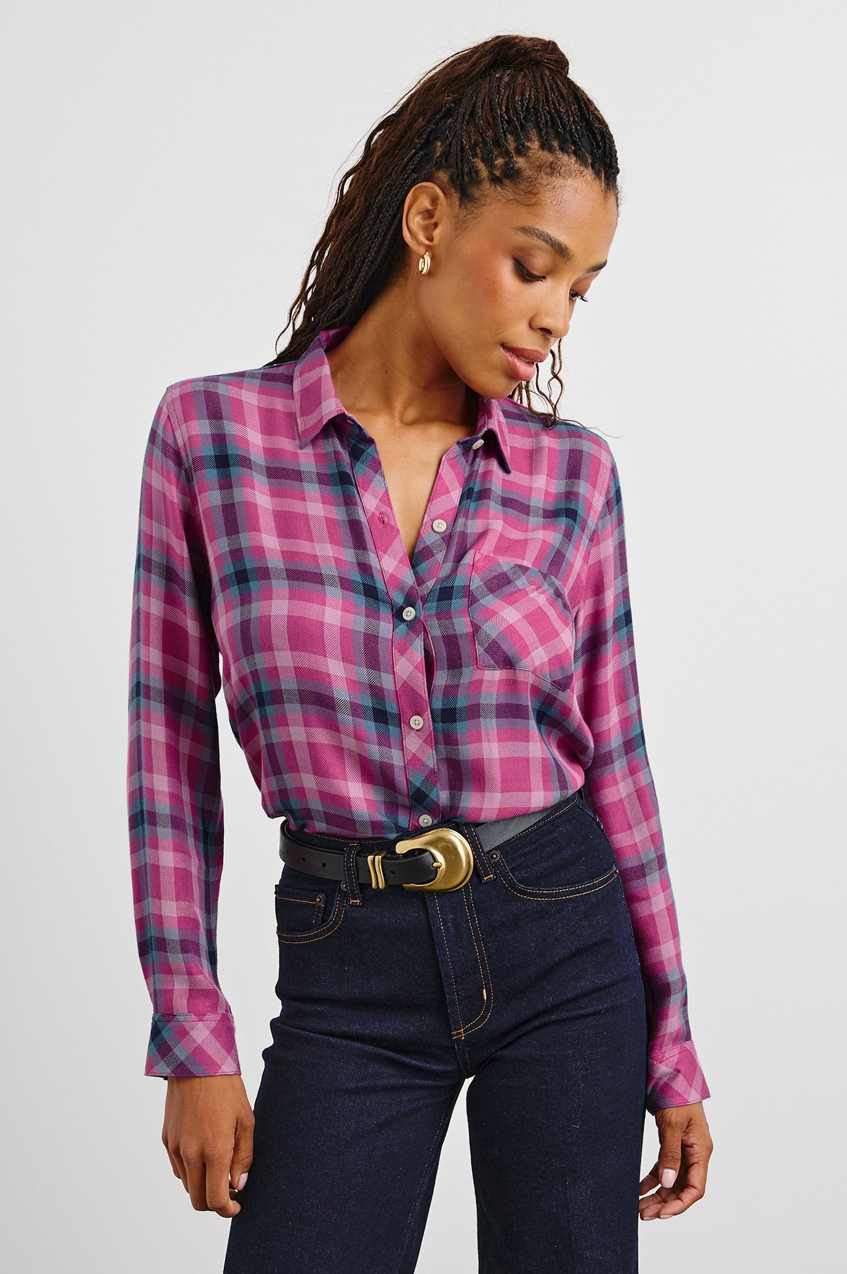 Hunter Long-Sleeve Button Up with a Chest Patch Pocket in Magenta Stone Blue Colorway, plaid  - Front Tucked View Featured on Model