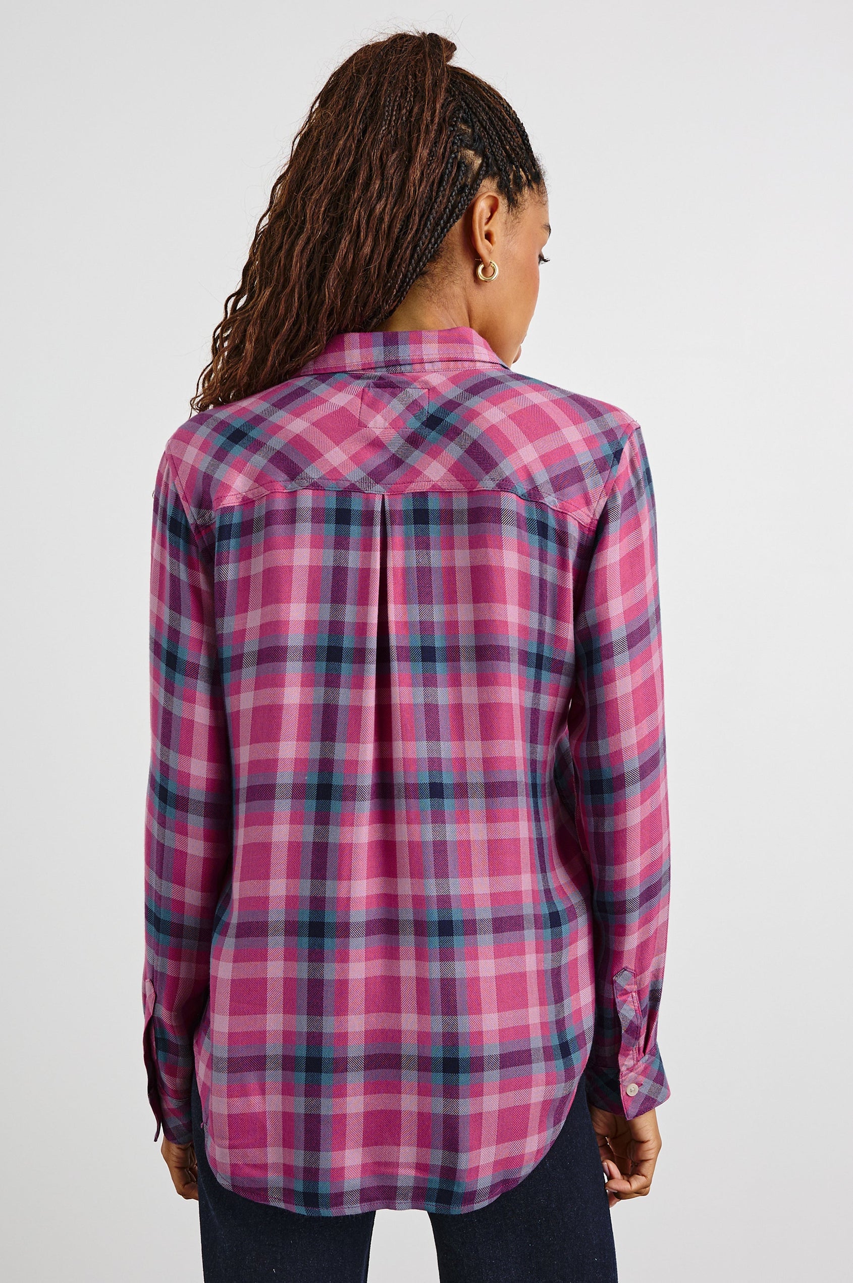 Hunter Long-Sleeve Button Up with a Chest Patch Pocket in Magenta Stone Blue Colorway, plaid  - Back View Featured on Model