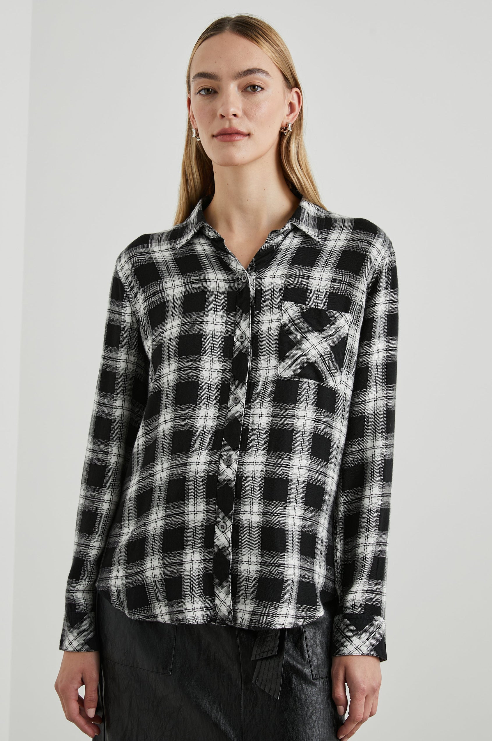 Hunter Long-Sleeve Button Up with a Chest Patch Pocket in Midnight Snow Colorway, plaid - Front View Featured on Model