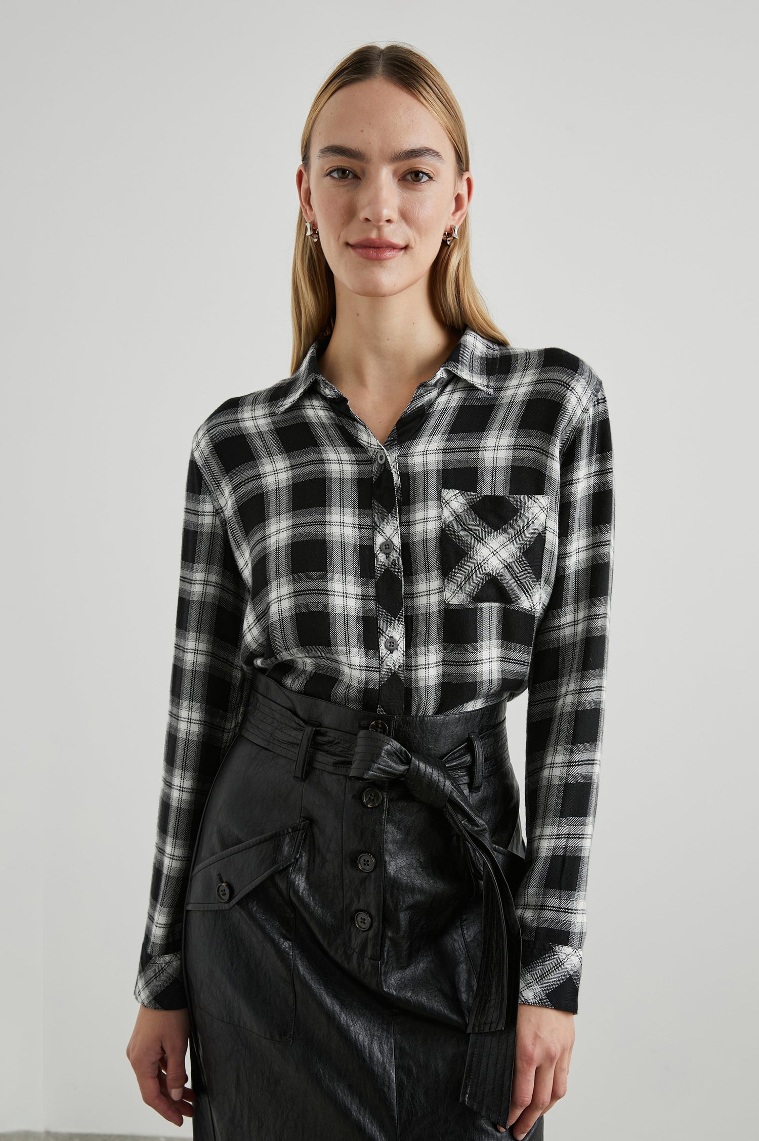Hunter Long-Sleeve Button Up with a Chest Patch Pocket in Midnight Snow Colorway, plaid - Front Tucked View Featured on Model