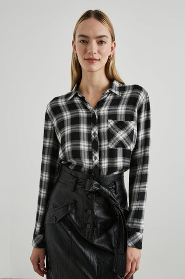 Hunter Long-Sleeve Button Up with a Chest Patch Pocket in Midnight Snow Colorway, plaid - Front Tucked View Featured on Model