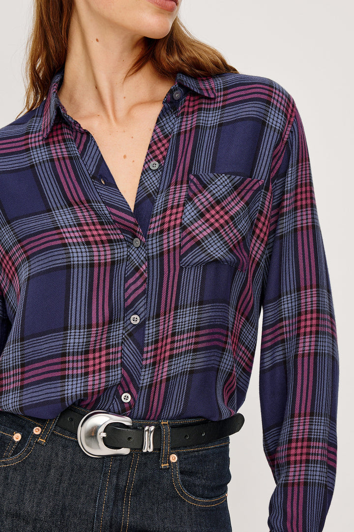 Hunter Long-Sleeve Button Up with a Chest Patch Pocket in Navy Rose Astor Colorway, plaid  - Close up View Featured on Model
