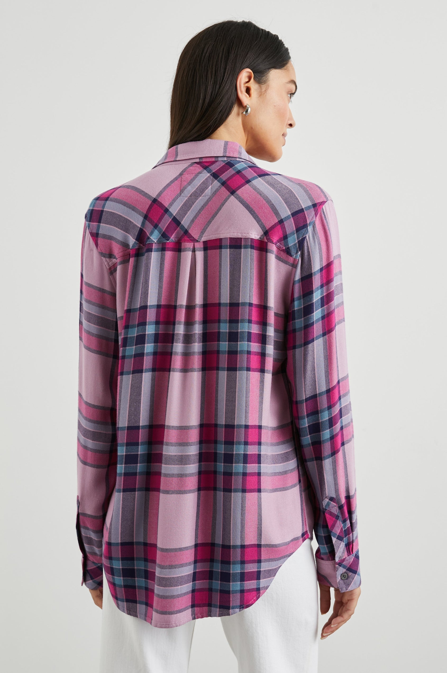 Hunter Long-Sleeve Button Up with a Chest Patch Pocket in Navy Sea Magenta Colorway, plaid - Back View Featured on Model