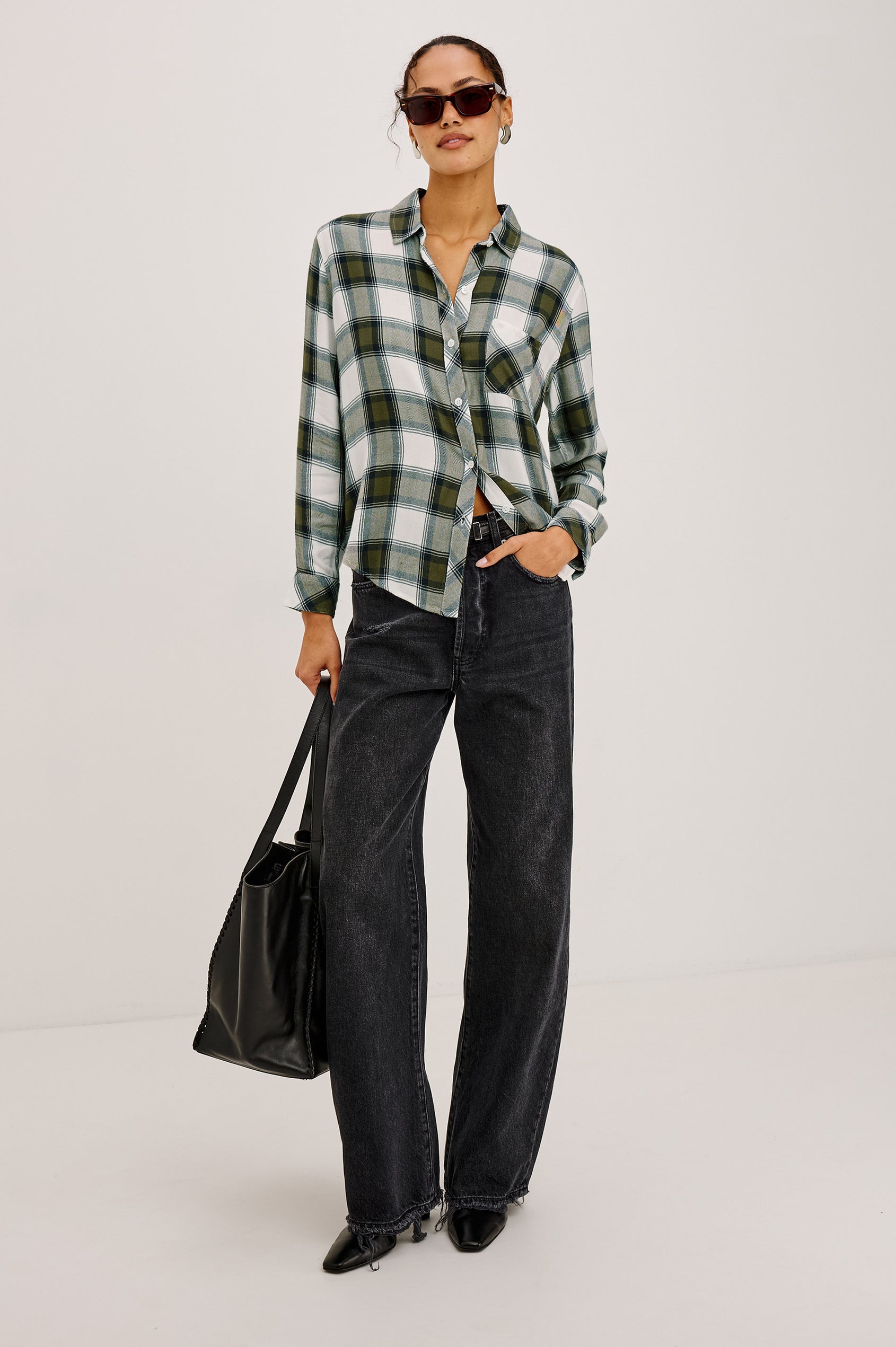 Joelle Top in Mesh With High Funnel Neckline, Long Sleeves, Self-Lined Body, and Asymmetric Ruching at Shoulder and Waist in Navy Sage Plaid Colorway - Full Body Front View Featured on Model