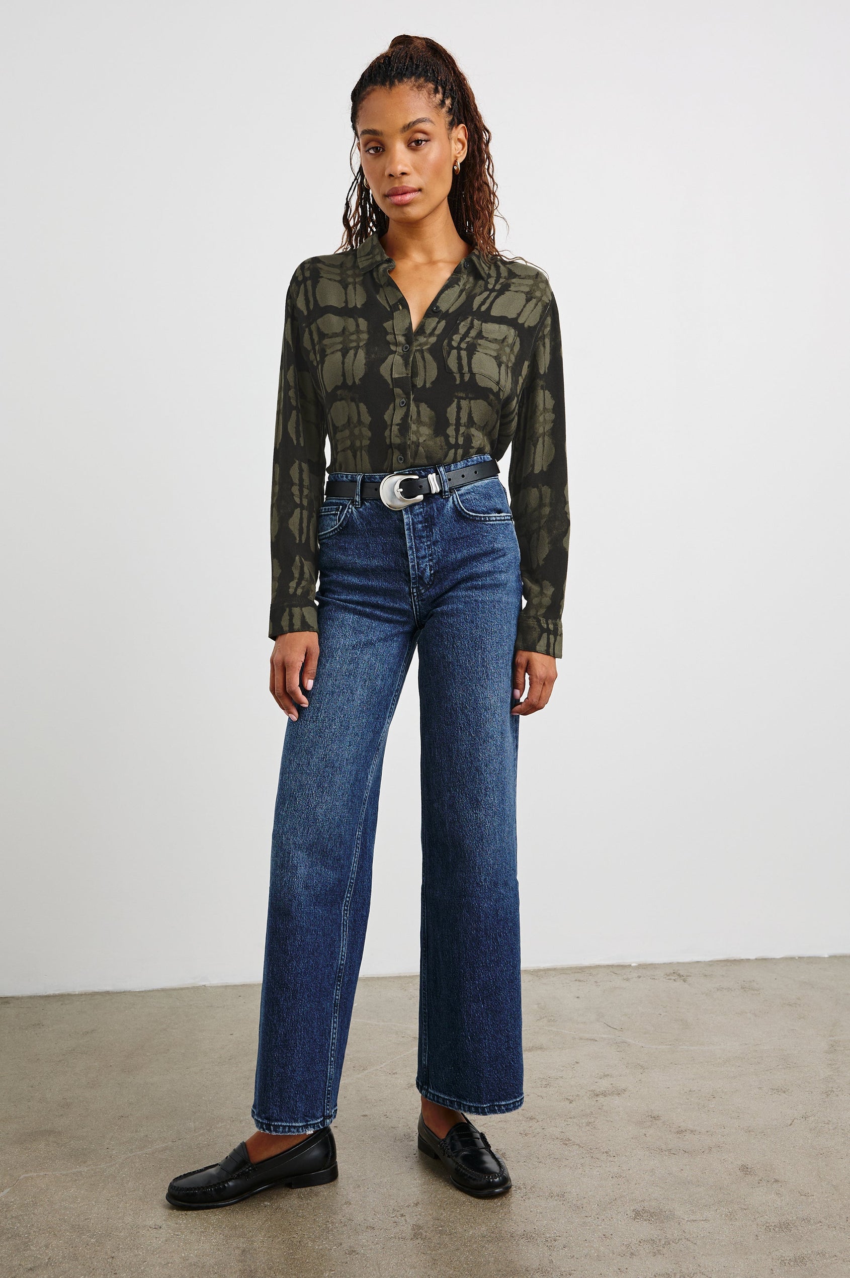 Hunter Long-Sleeve Button Up with a Chest Patch Pocket in Oliver Watercolor Plaid Colorway, Olive and Black  - Front Tucked Full Body View Featured on Model
