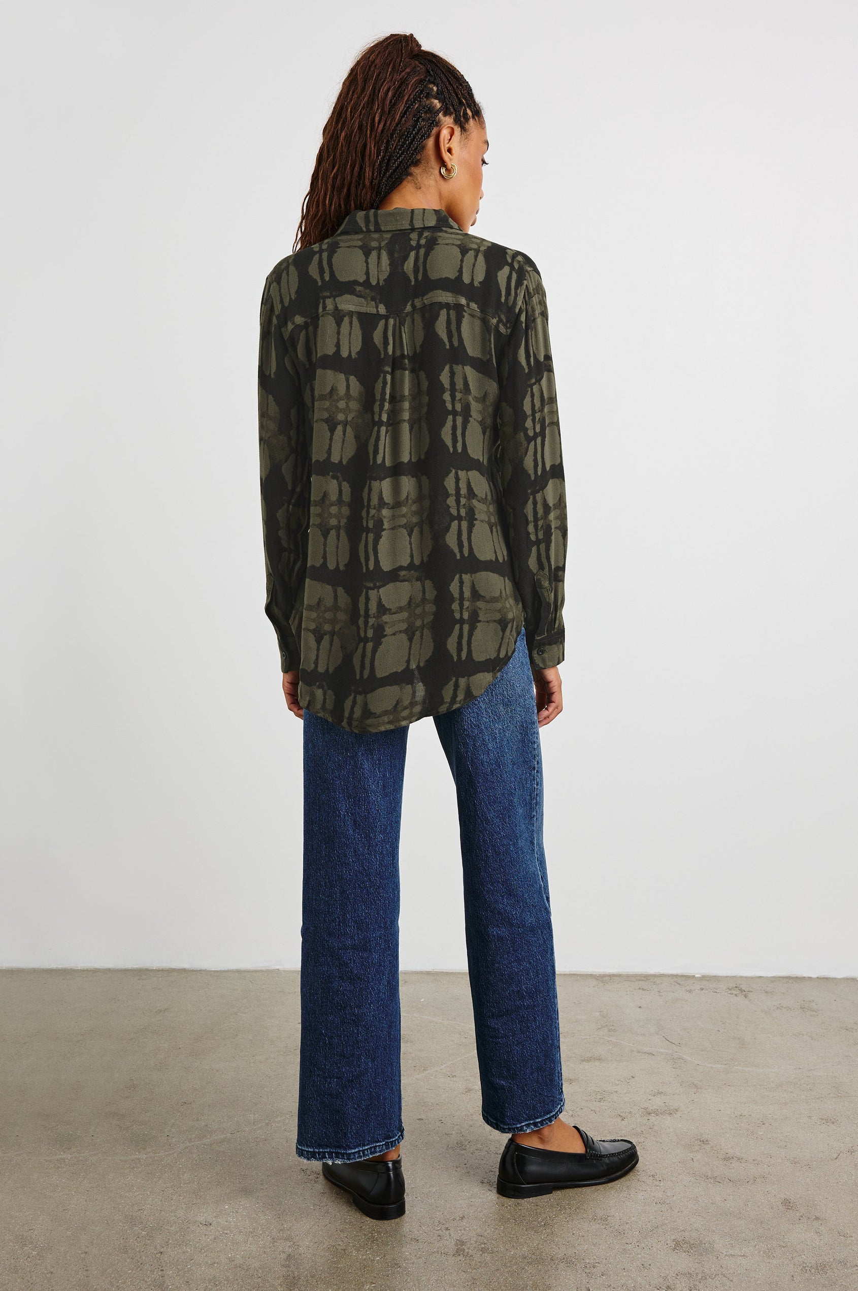 Hunter Long-Sleeve Button Up with a Chest Patch Pocket in Oliver Watercolor Plaid Colorway, Olive and Black  - Back View Featured on Model