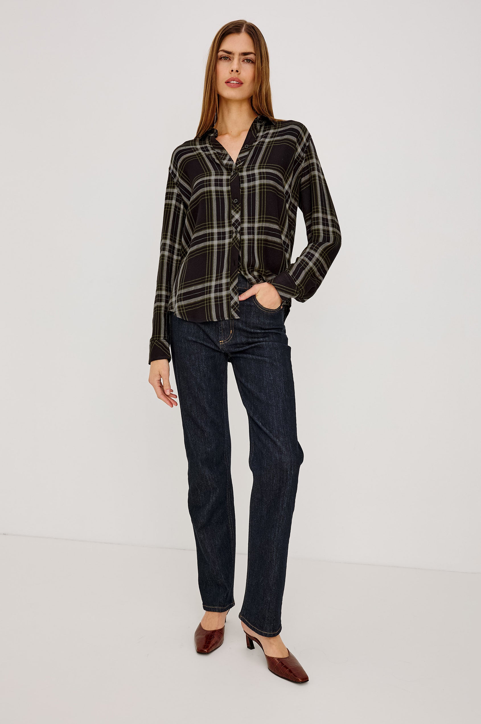 Hunter Button-Up Shirt in Signature Rayon with a Soft Cashmere Feel, Collar, Front Buttons, Chest Patch Pocket, and Long Sleeves in Iron Sky Colorway – Upper Body Front View Featured on Model