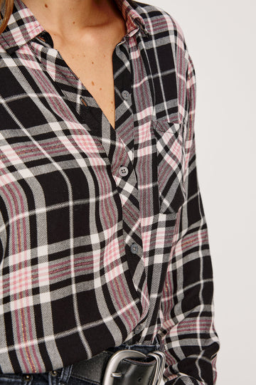 Hunter Long-Sleeve Button Up with a Chest Patch Pocket in Onyx Rose Gold Colorway, plaid  - Close up View Featured on Model