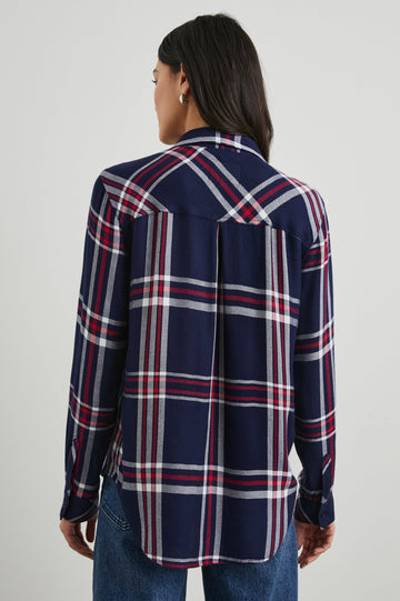 Hunter Long-Sleeve Button Up with a Chest Patch Pocket in Patriot Navy Red Colorway, plaid - Back View Featured on Model