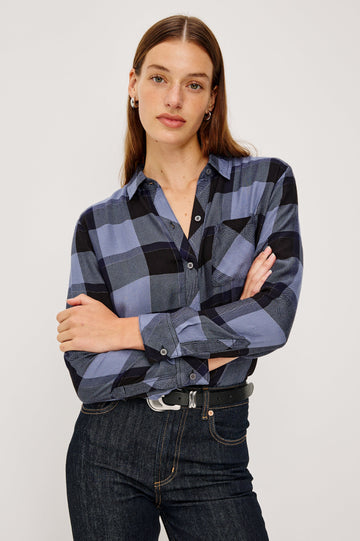 Hunter Long-Sleeve Button Up with a Chest Patch Pocket in Periwinkle Navy Silver Lurex Colorway, plaid  - Front View Featured on Model, Arms Crossed