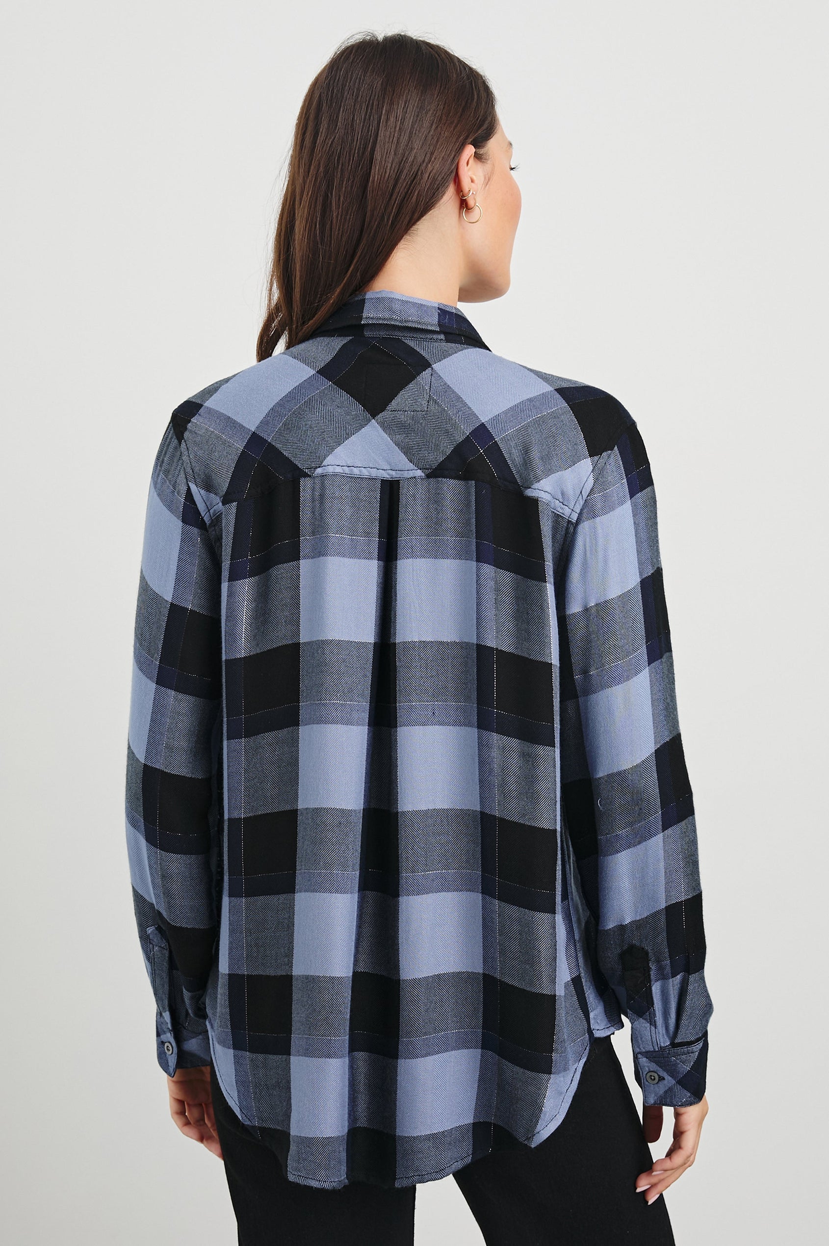 Hunter Long-Sleeve Button Up with a Chest Patch Pocket in Periwinkle Navy Silver Lurex Colorway, plaid  - Back View Featured on Model