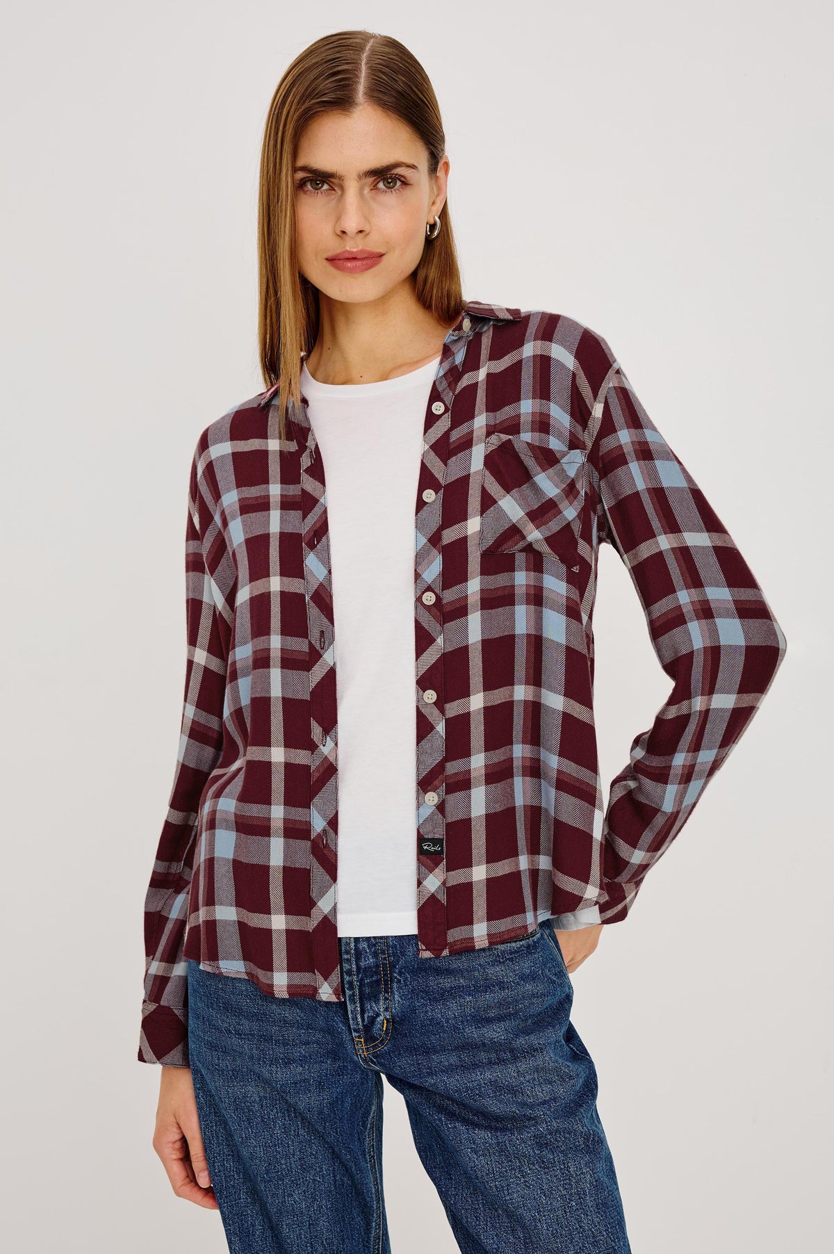 Hunter Button-Up Plaid Shirt in Signature Soft Rayon With Loose Twill Weave, With Collar and Long Sleeves in Plum Cream Colorway - Upper Body Front View Featured on Model