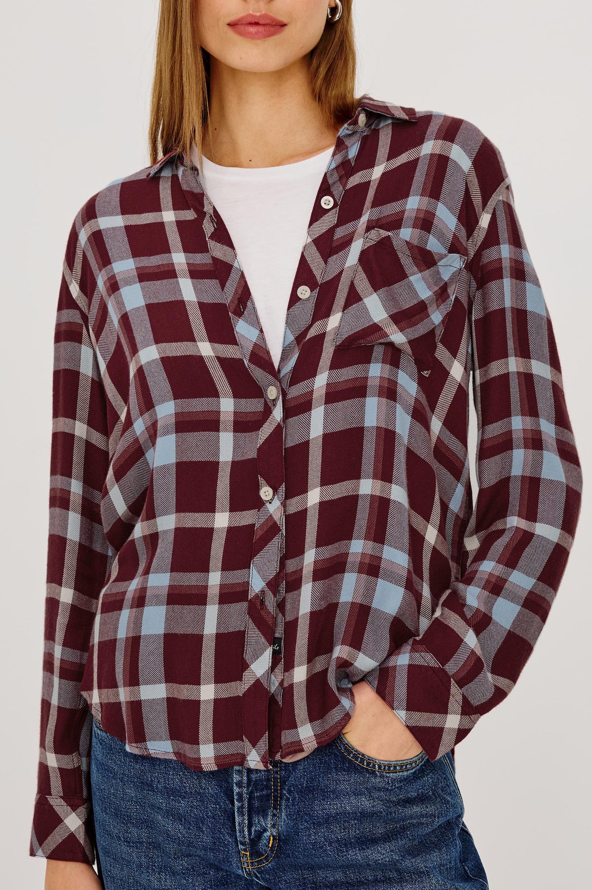 Hunter Button-Up Plaid Shirt in Signature Soft Rayon With Loose Twill Weave, With Collar and Long Sleeves in Plum Cream Colorway - Upper Body Front View Featured on Model