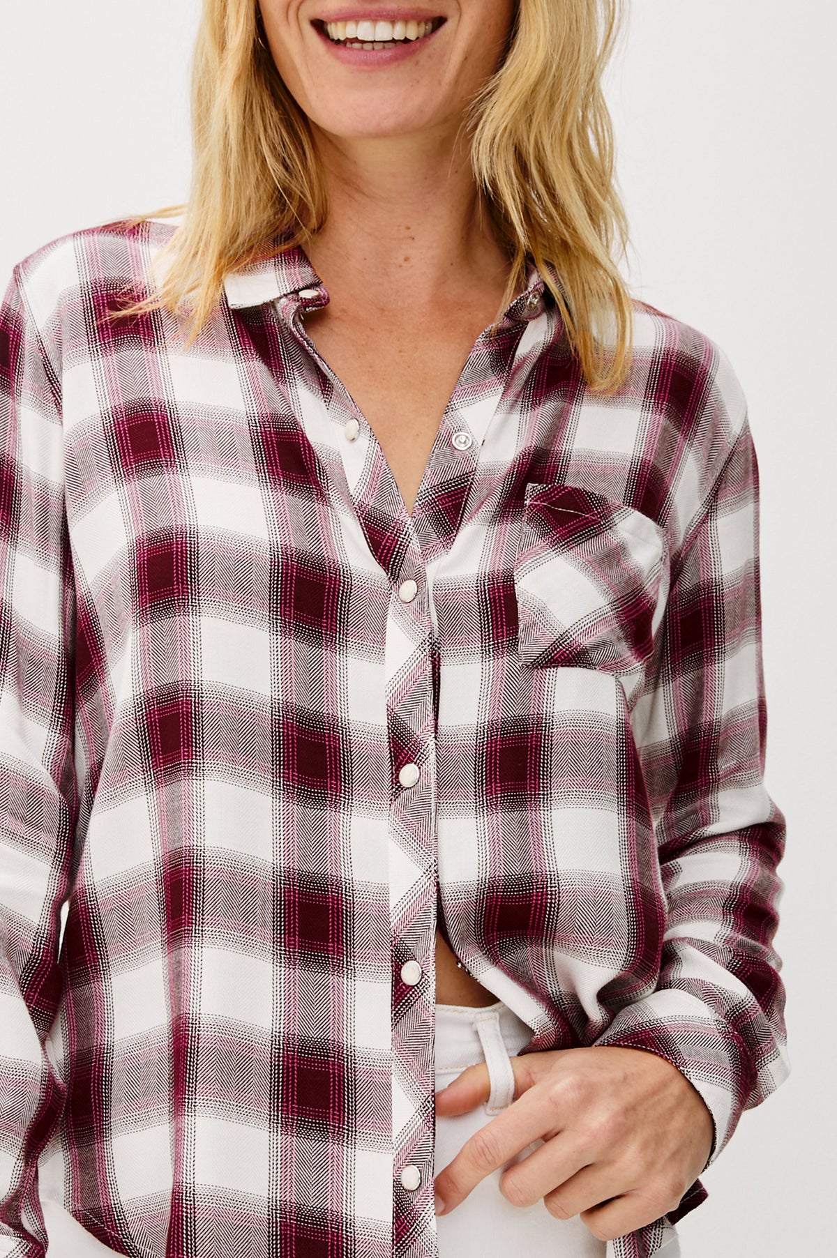 Malin Shirt in Onyx Sand Birch Colorway. Checkered Long Sleeve Button-Up Shirt with Collared Neckline. Upper Body Front View Shown on Model.