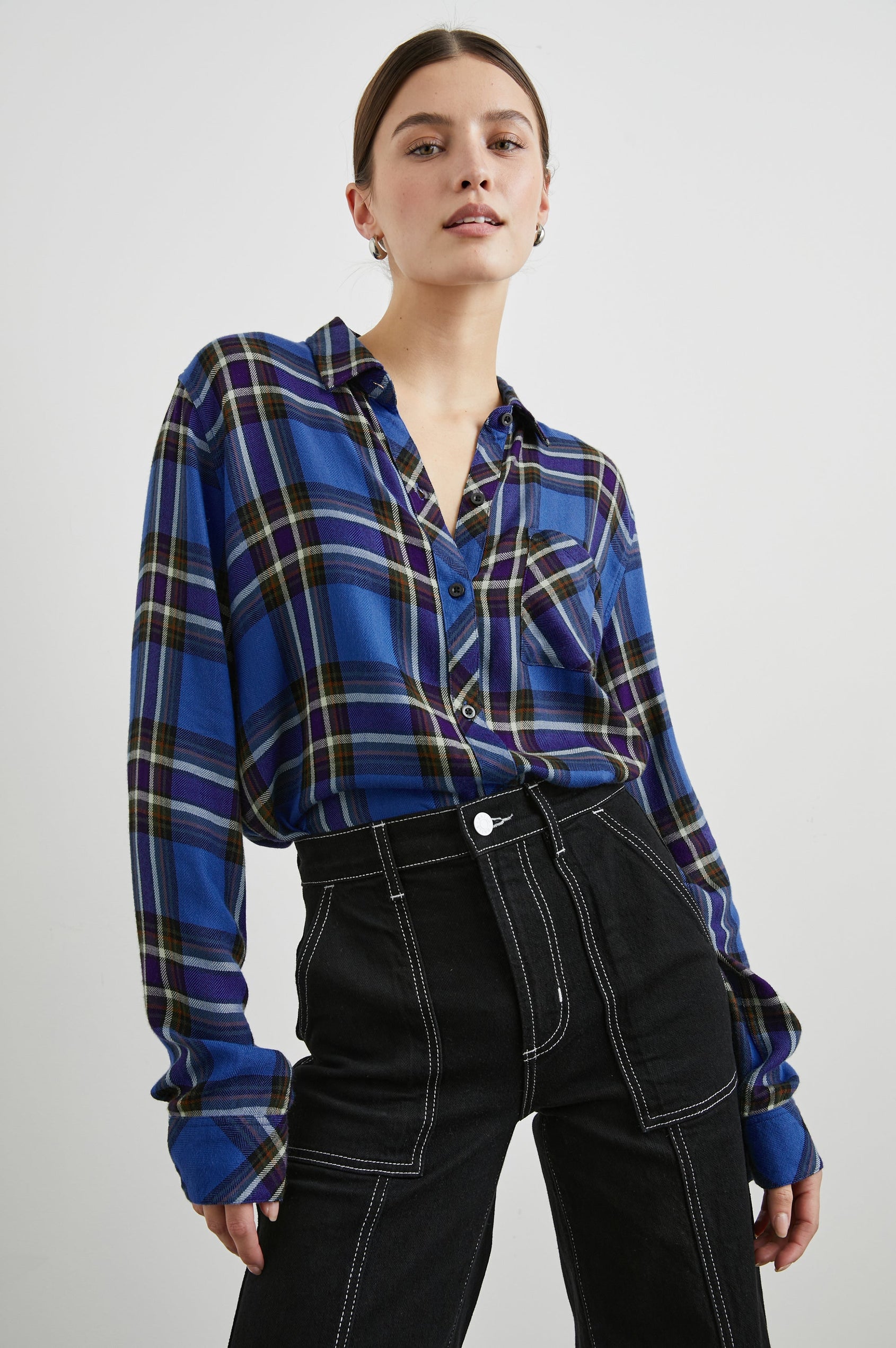 Hunter Long-Sleeve Button Up with a Chest Patch Pocket in Sapphire Indigo Colorway, plaid - Front Tucked View Featured on Model